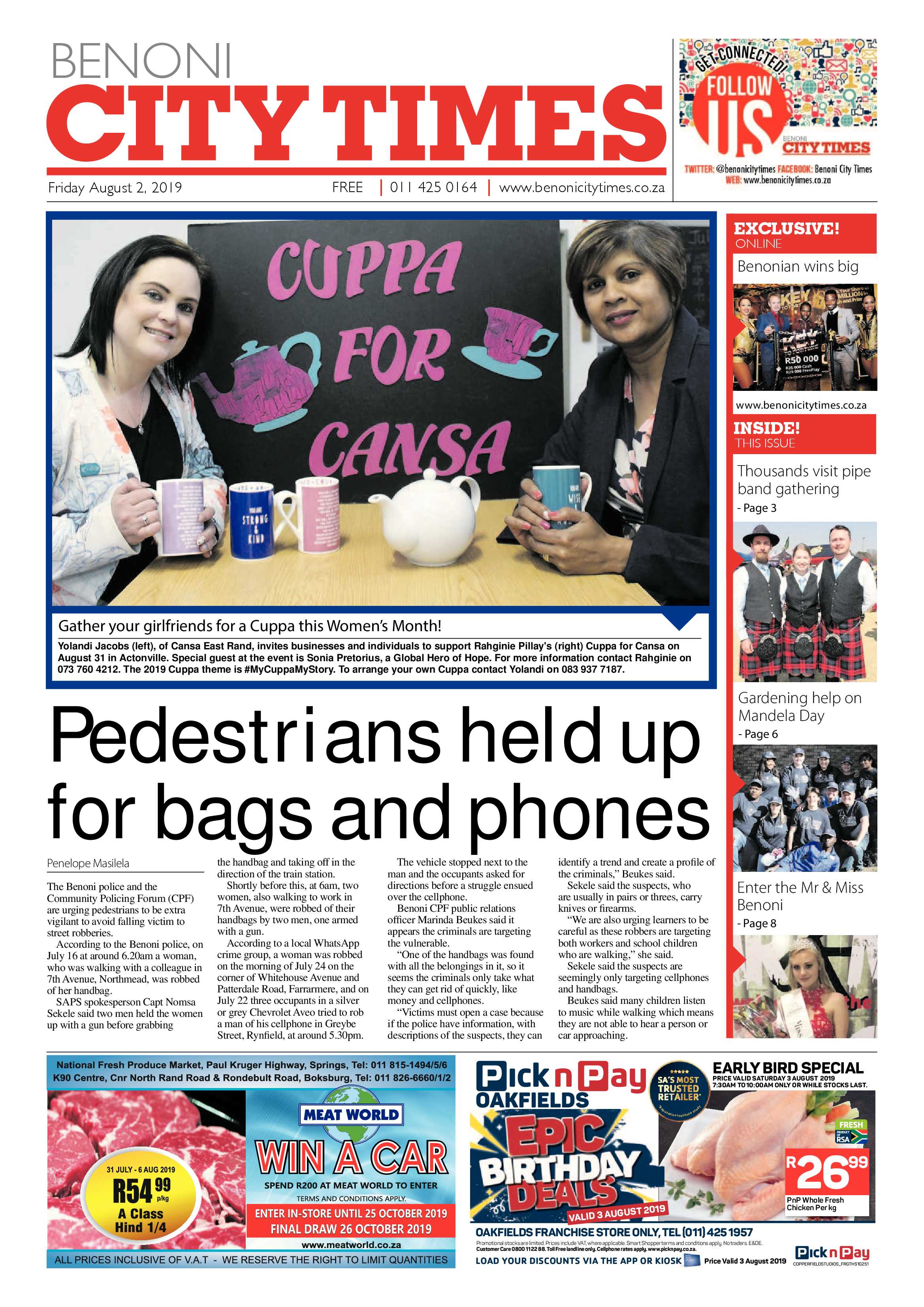 Benoni City Times 01 August 2019 page 1