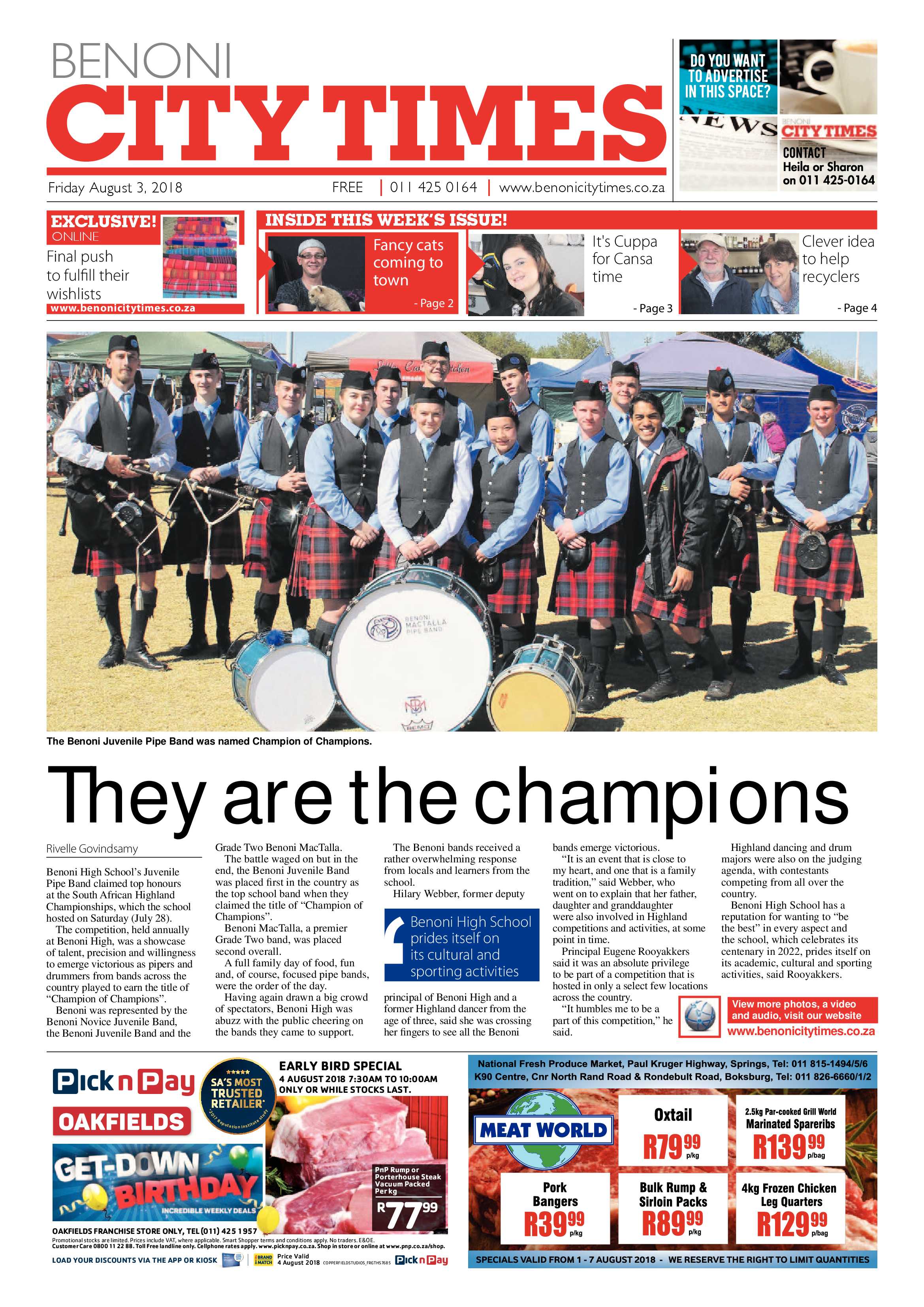 Benoni City Times 02 August 2018 page 1
