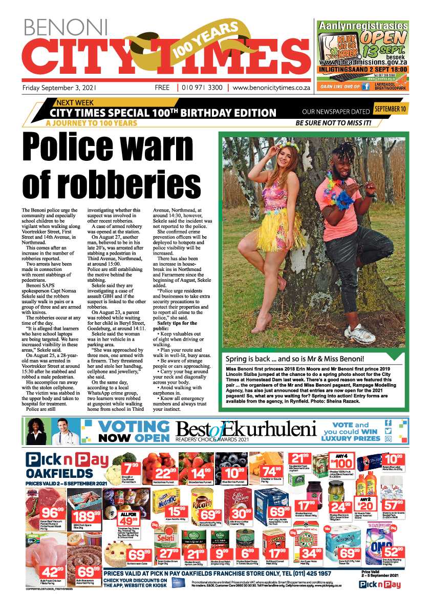 Benoni City Times 03 September 2021 page 1