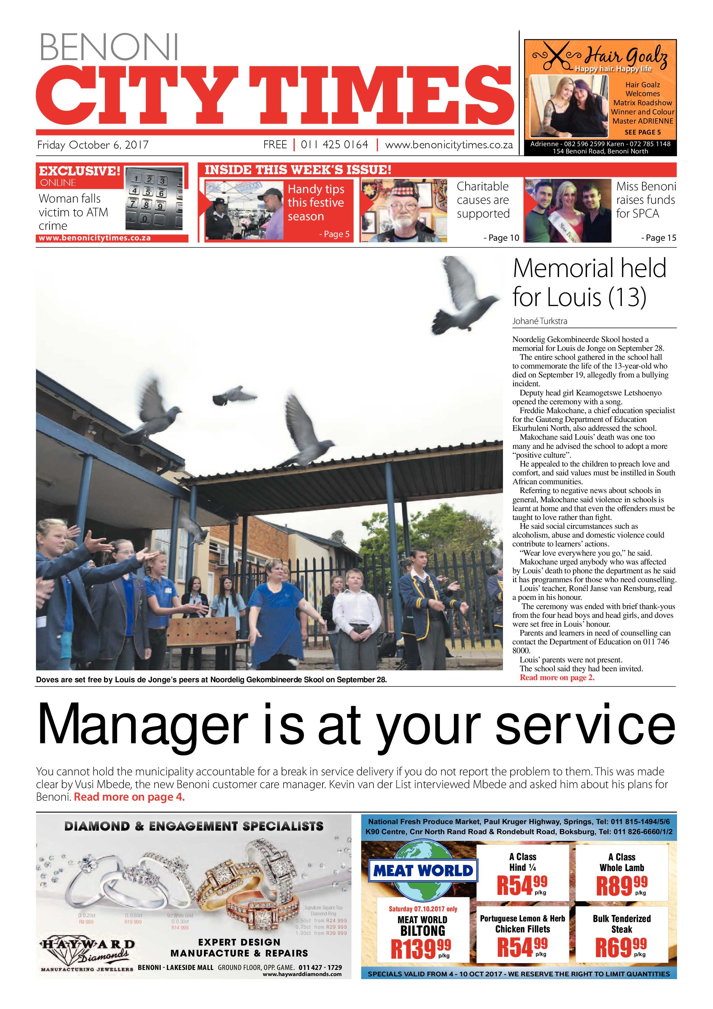 Benoni City Times 05 October 2017 page 1