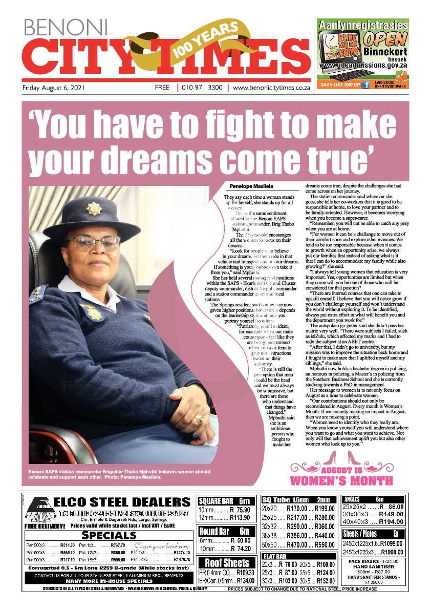 Benoni City Times 06 August 2021 page 1