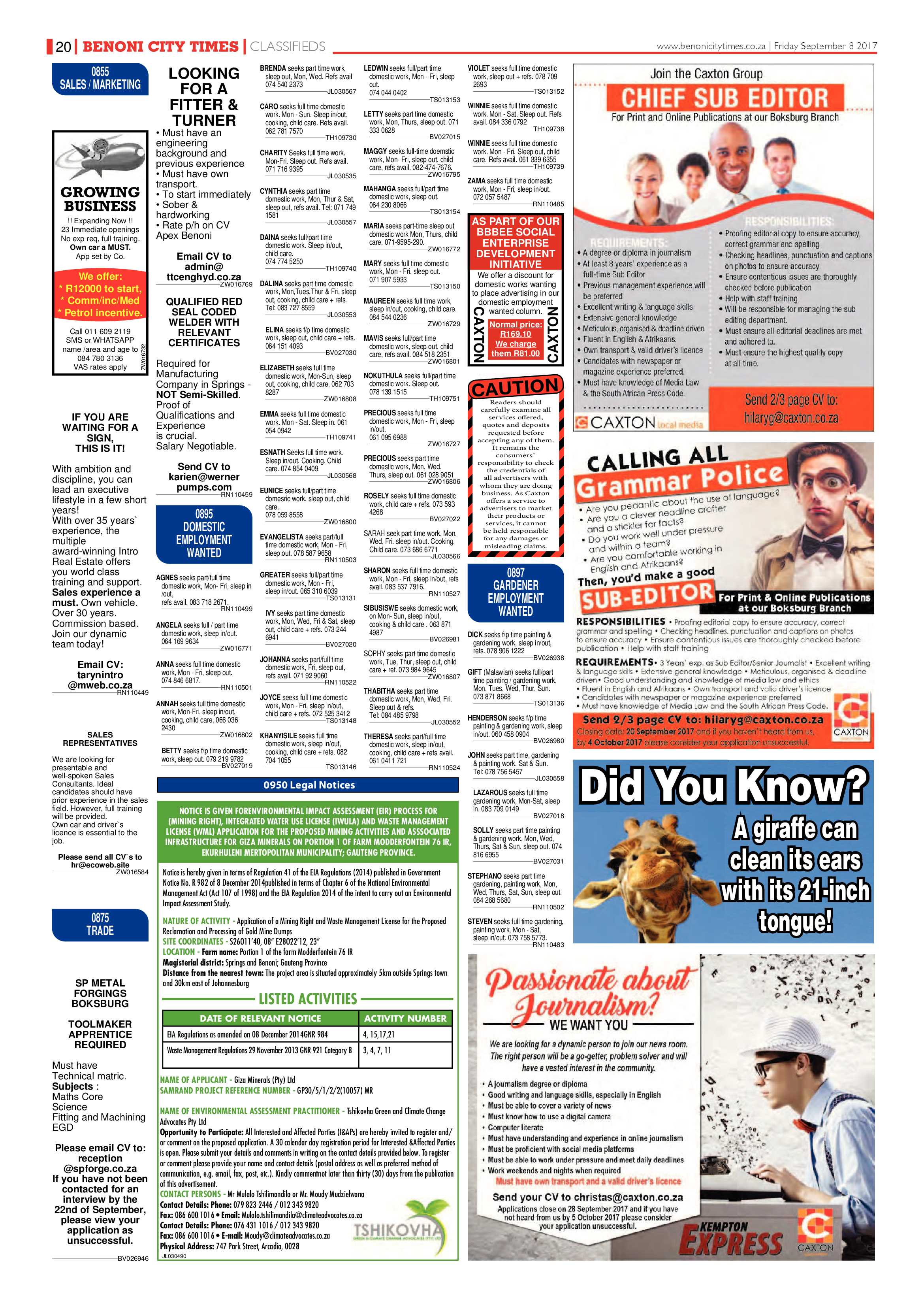 Benoni City Times 07 September 2017 page 20