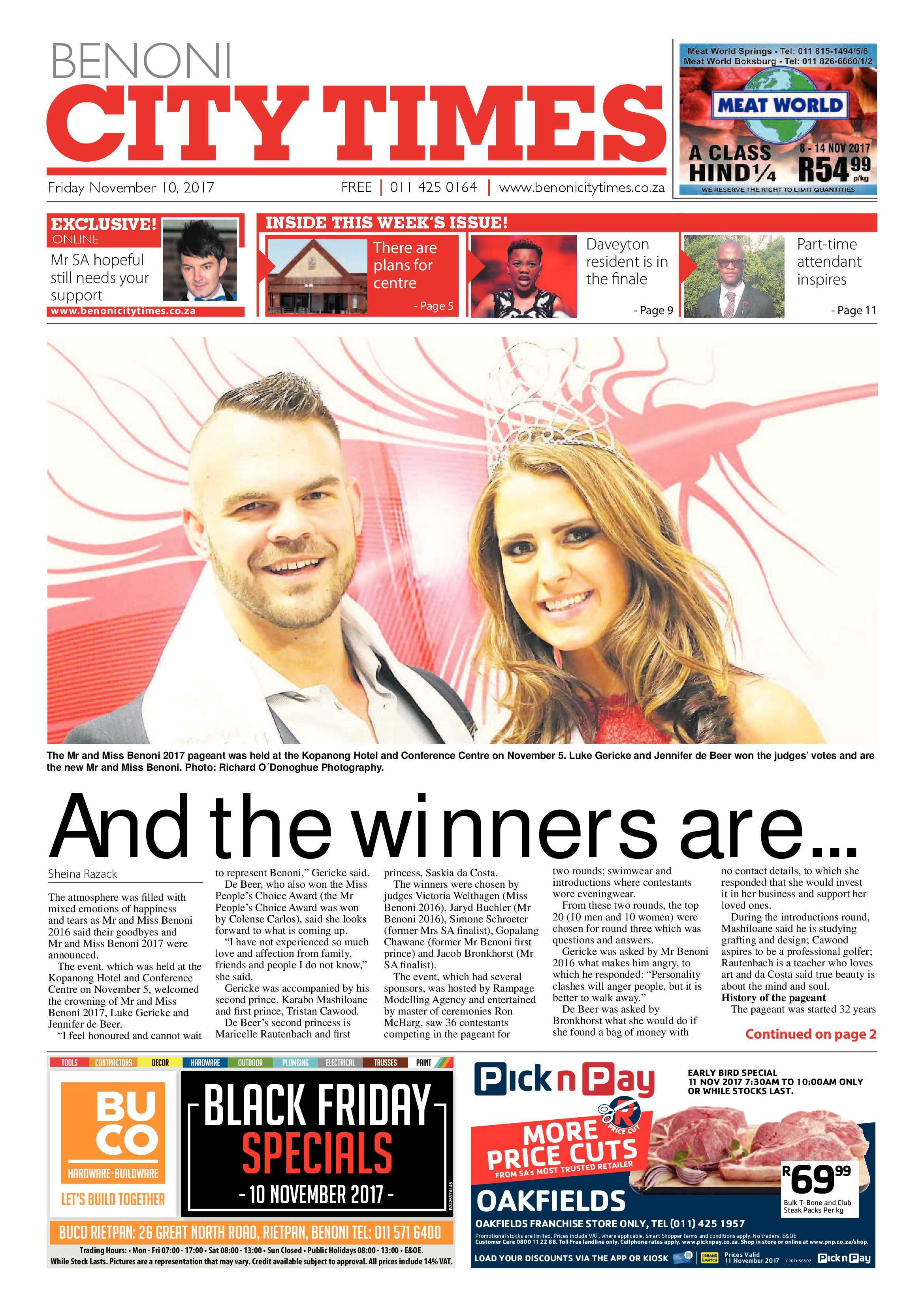 Benoni City Times 09 November 2017 page 1