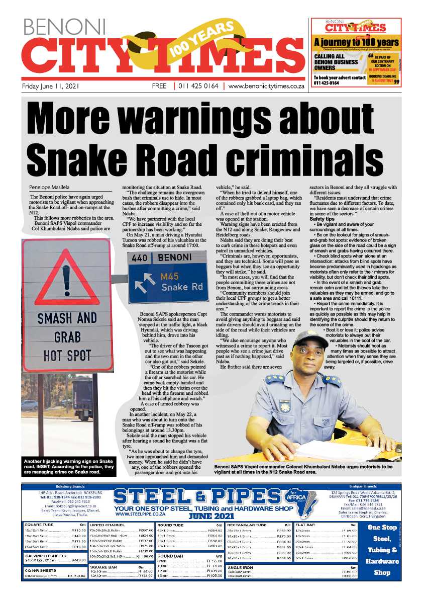 Benoni City Times 11 June 2021 page 1