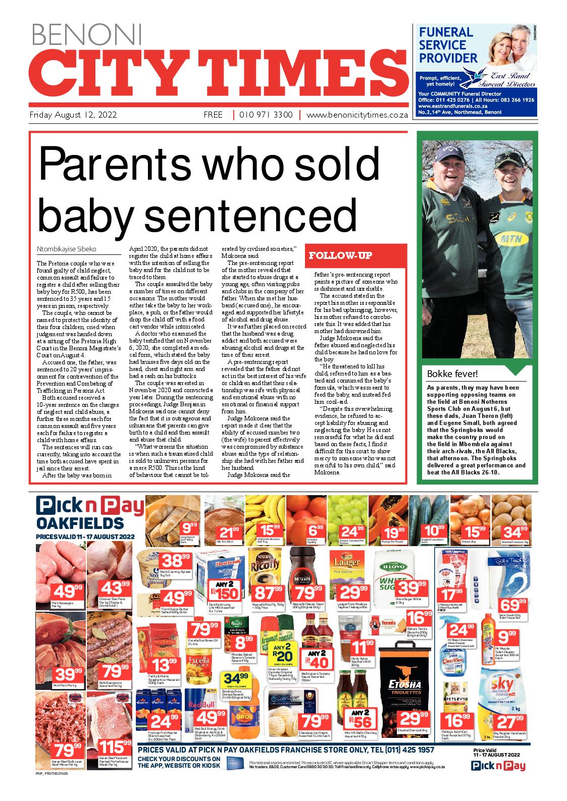 Benoni City Times 12 August 2022 page 1