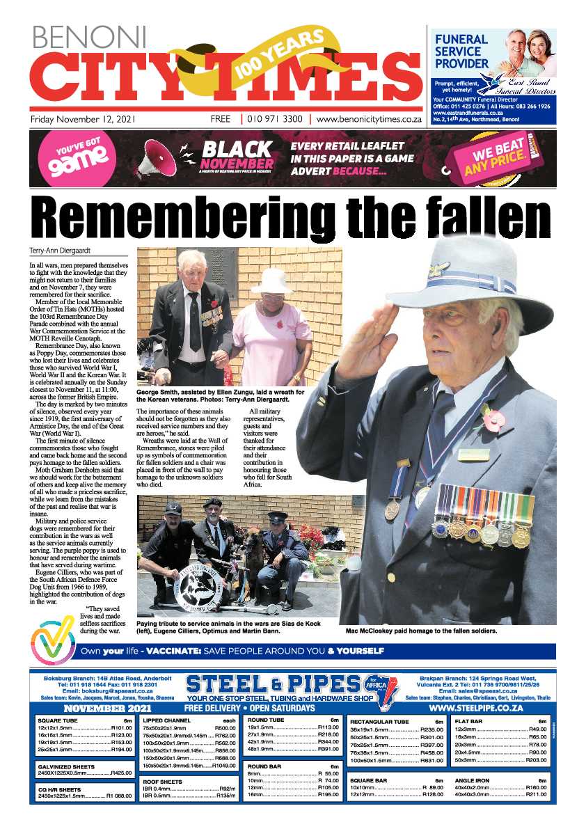 Benoni City Times 12 November 2021 page 1