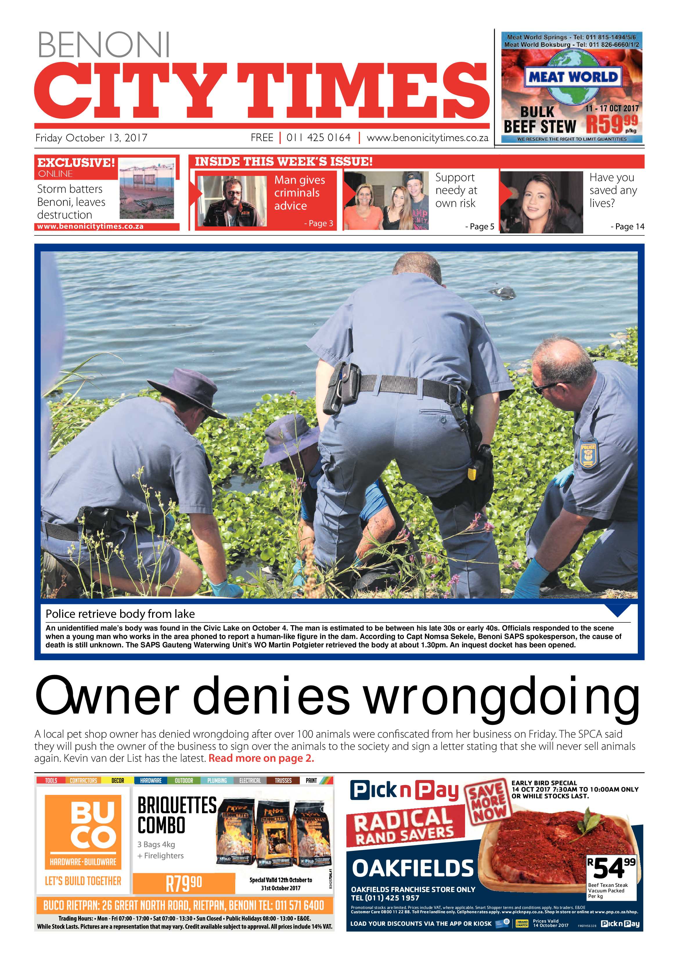 Benoni City Times 12 October 2017 page 1