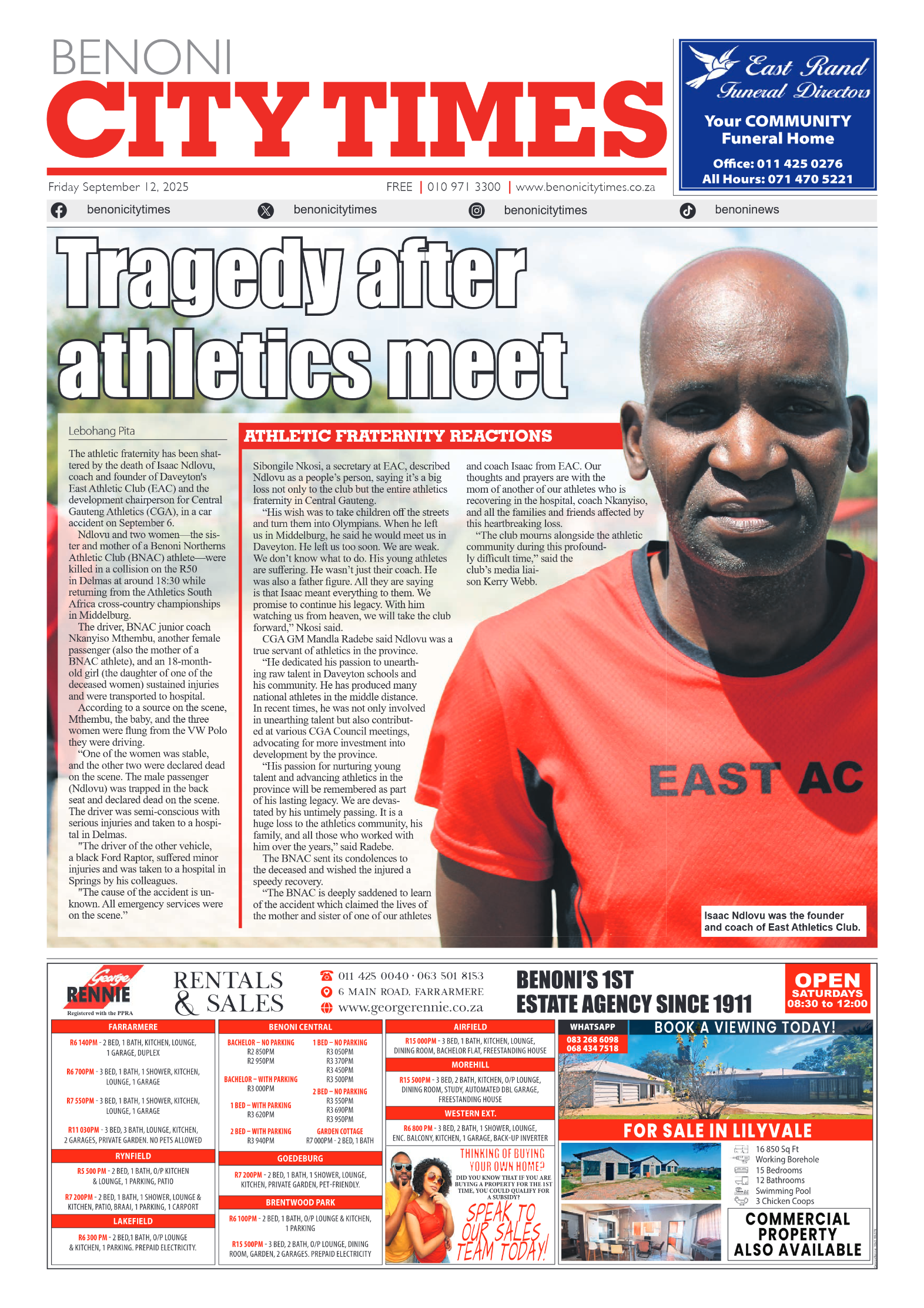 Benoni City Times 12 September 2025 page 1
