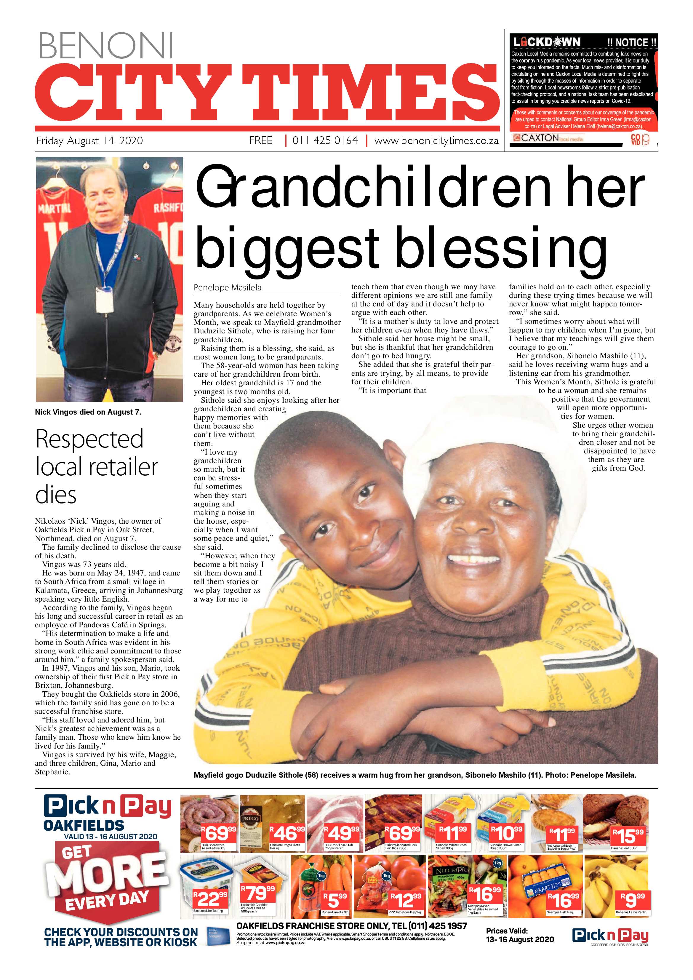 Benoni City Times 13 August 2020 page 1