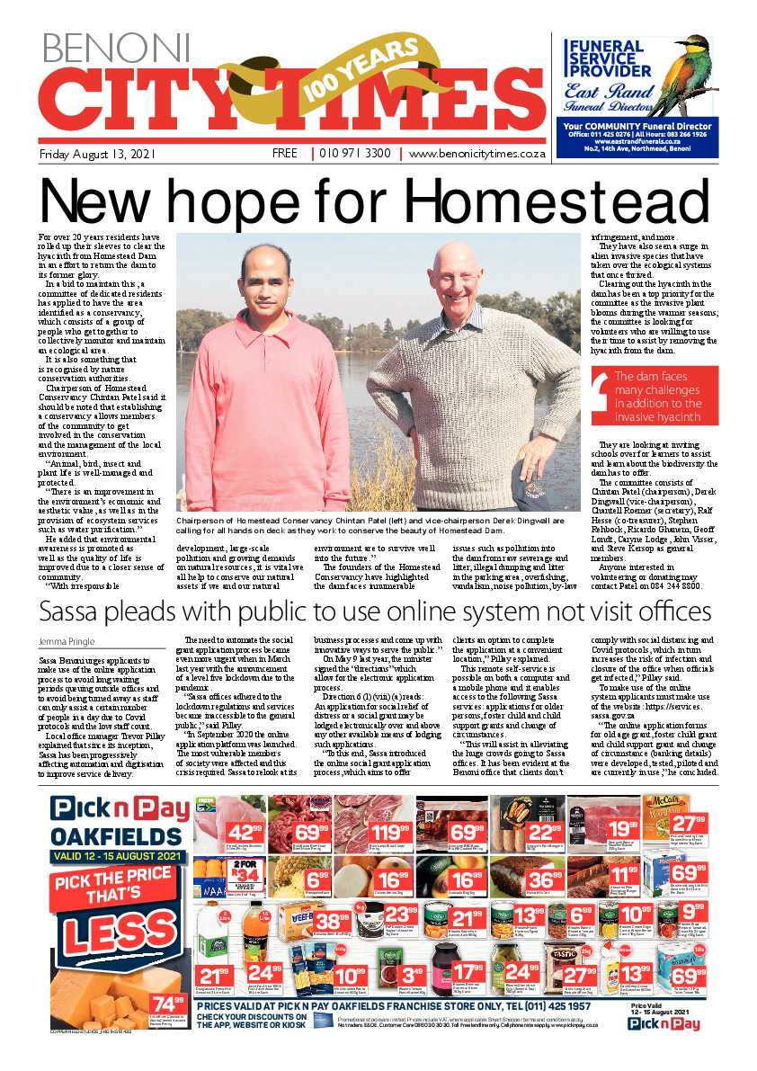 Benoni City Times 13 August 2021 page 1