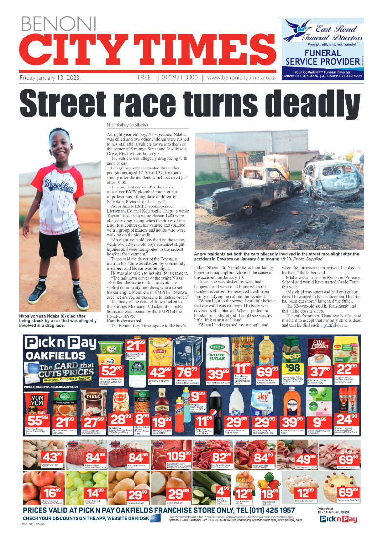 Benoni City Times 13 January 2023 page 1