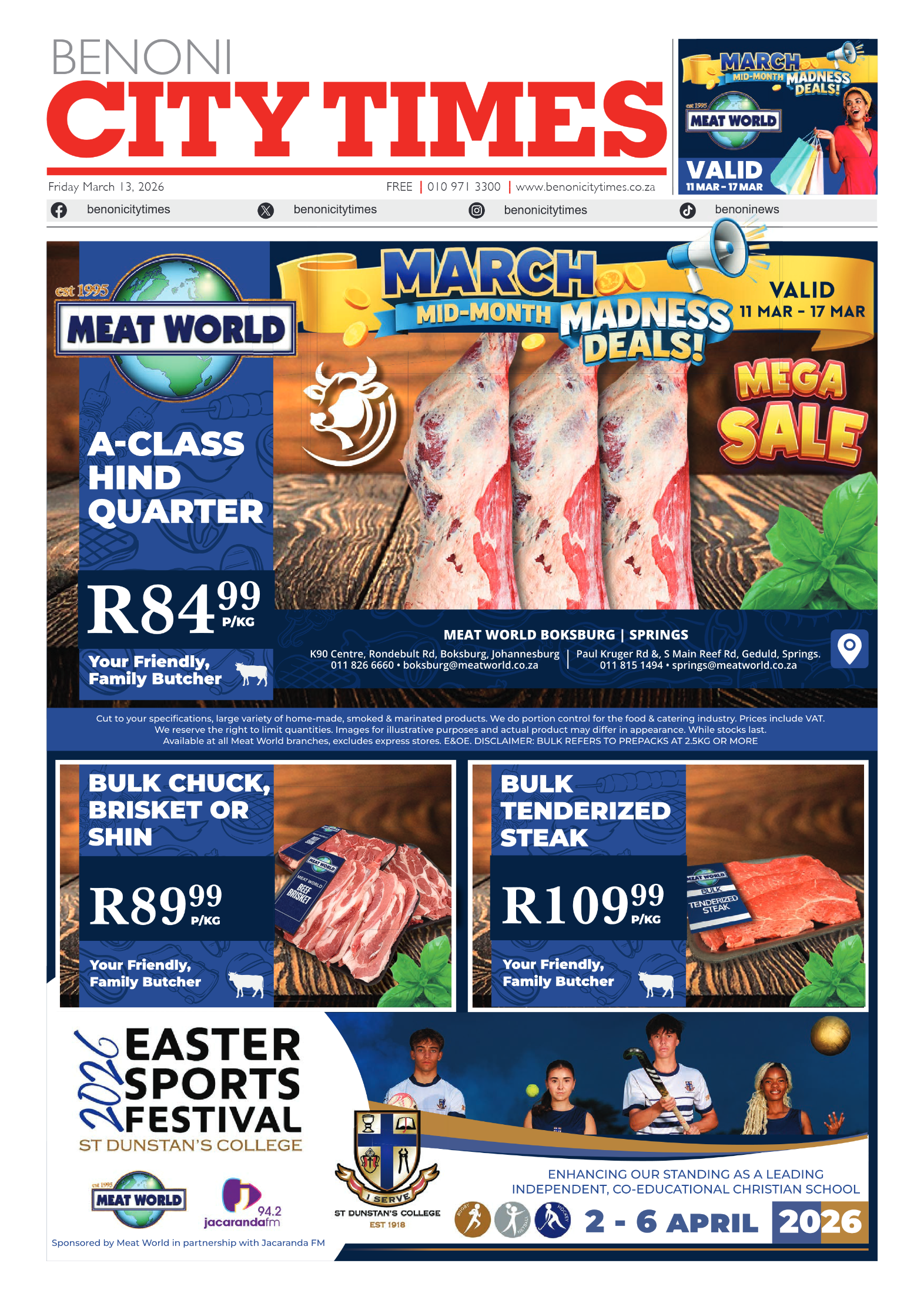 Benoni City Times 13 March 2026 page 1