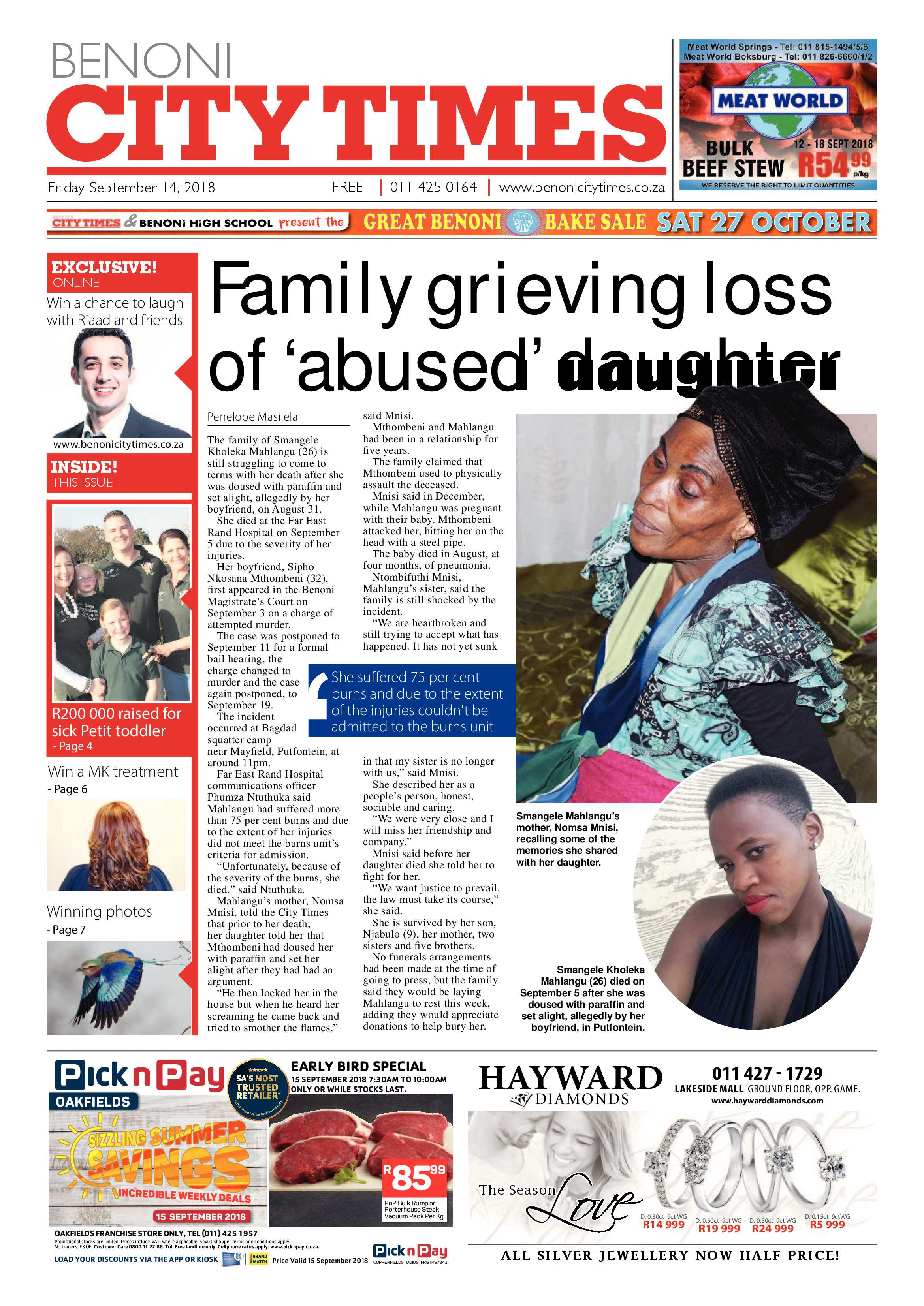 Benoni City Times 13 September 2018 page 1