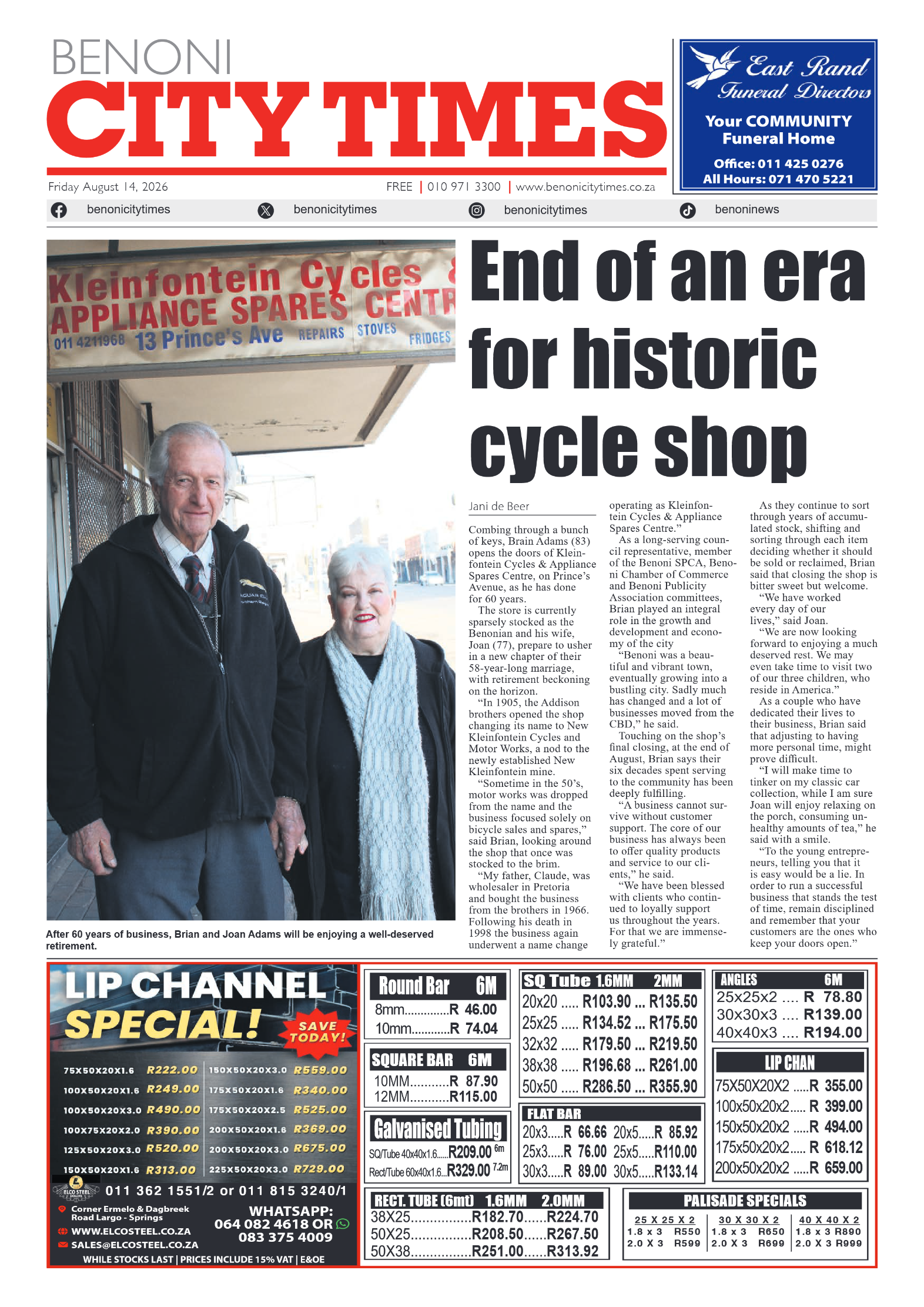 Benoni City Times 14 August 2026 page 1