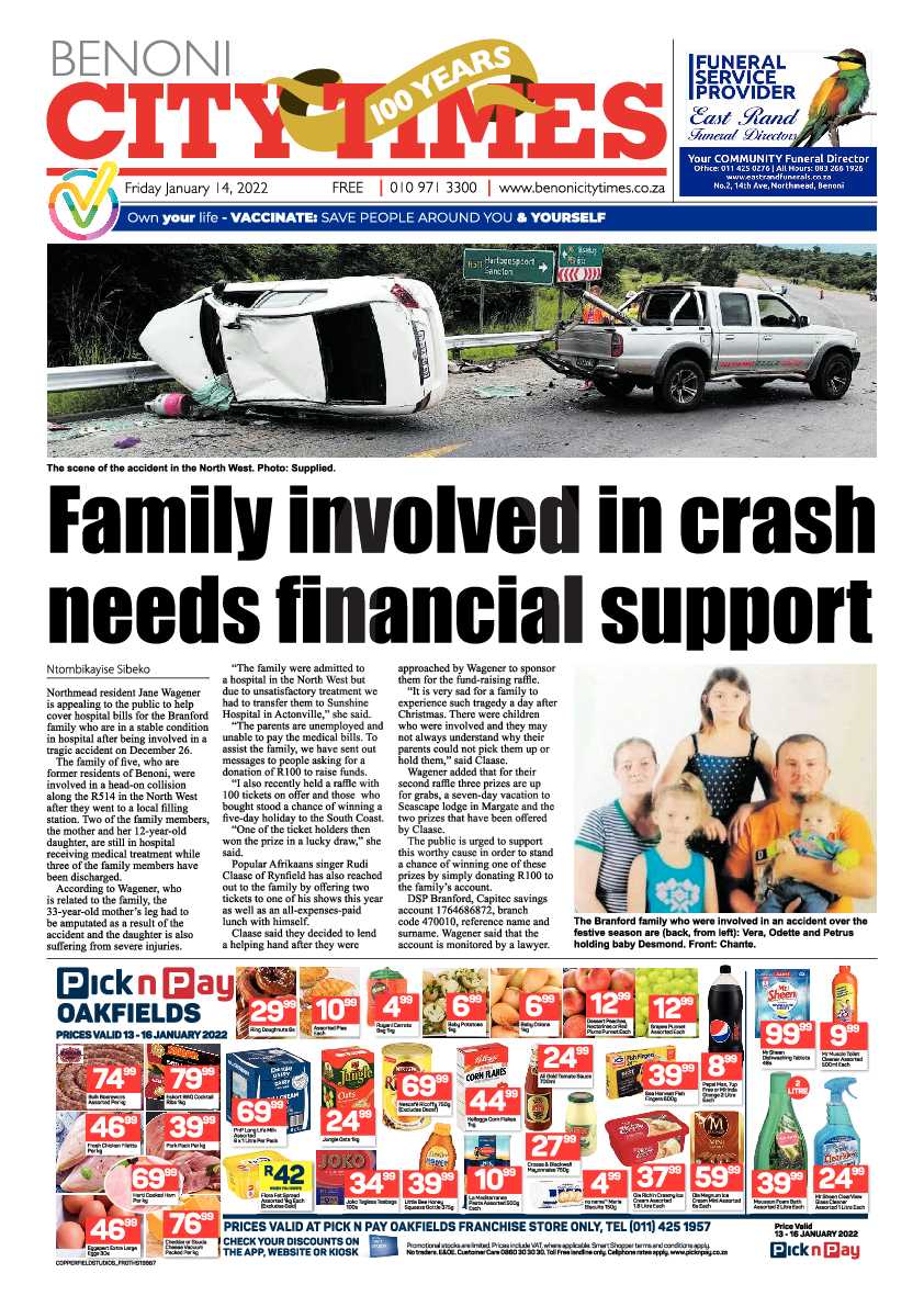 Benoni City Times 14 January 2022 page 1