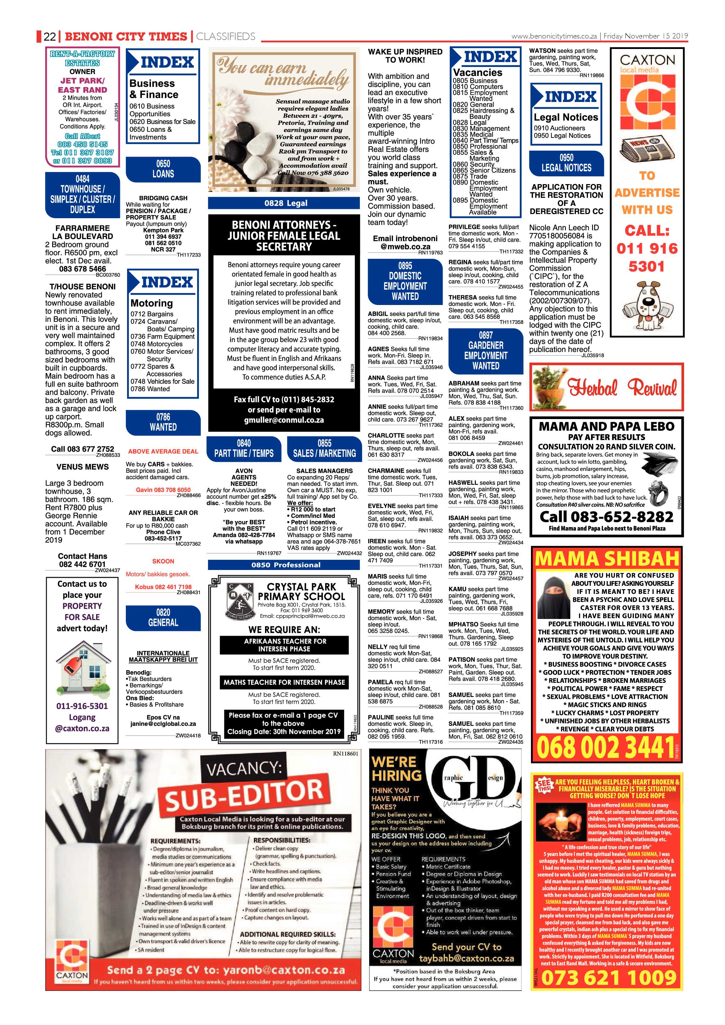 Benoni City Times 14 November 2019 page 22