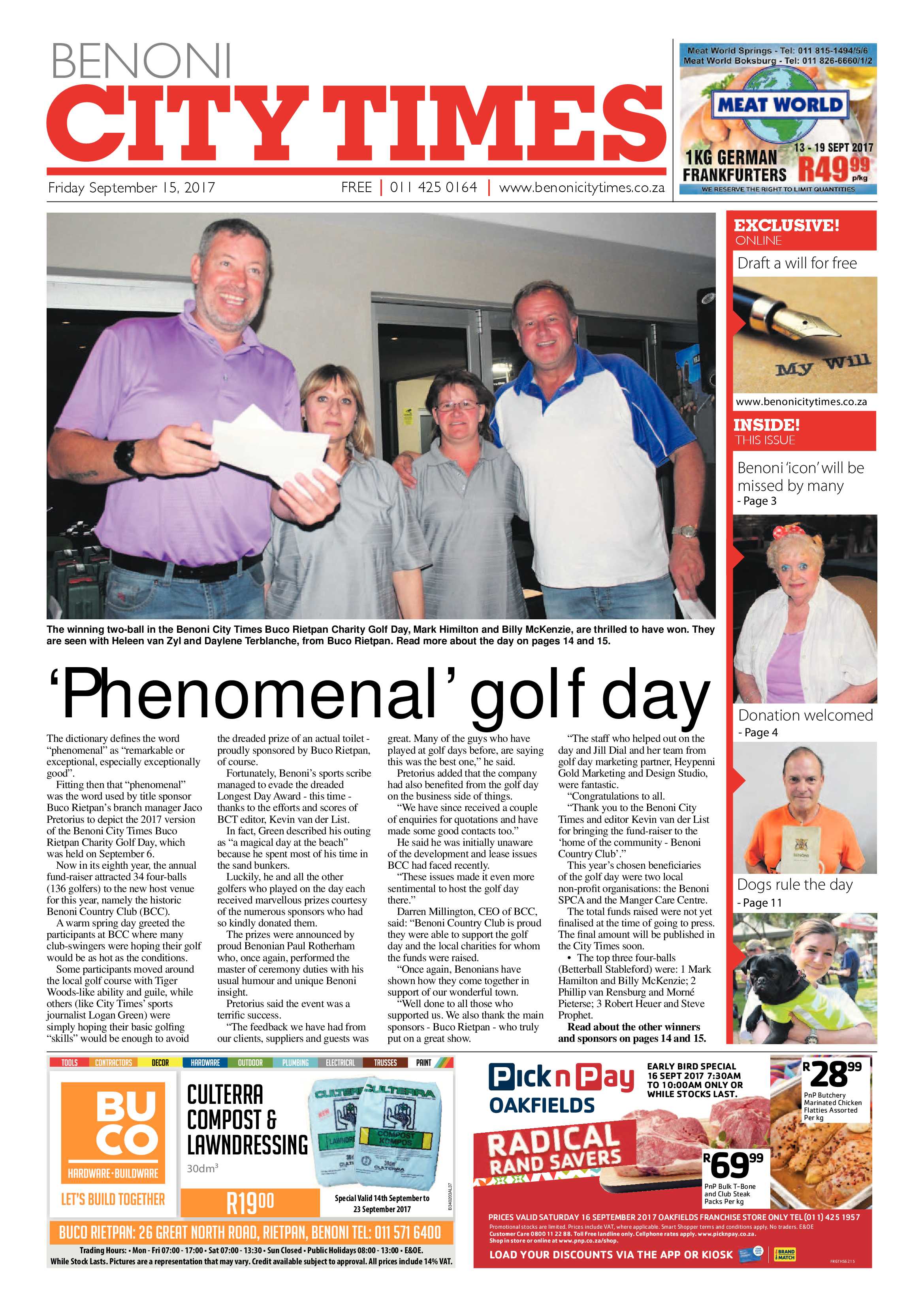 Benoni City Times 14 September 2017 page 1