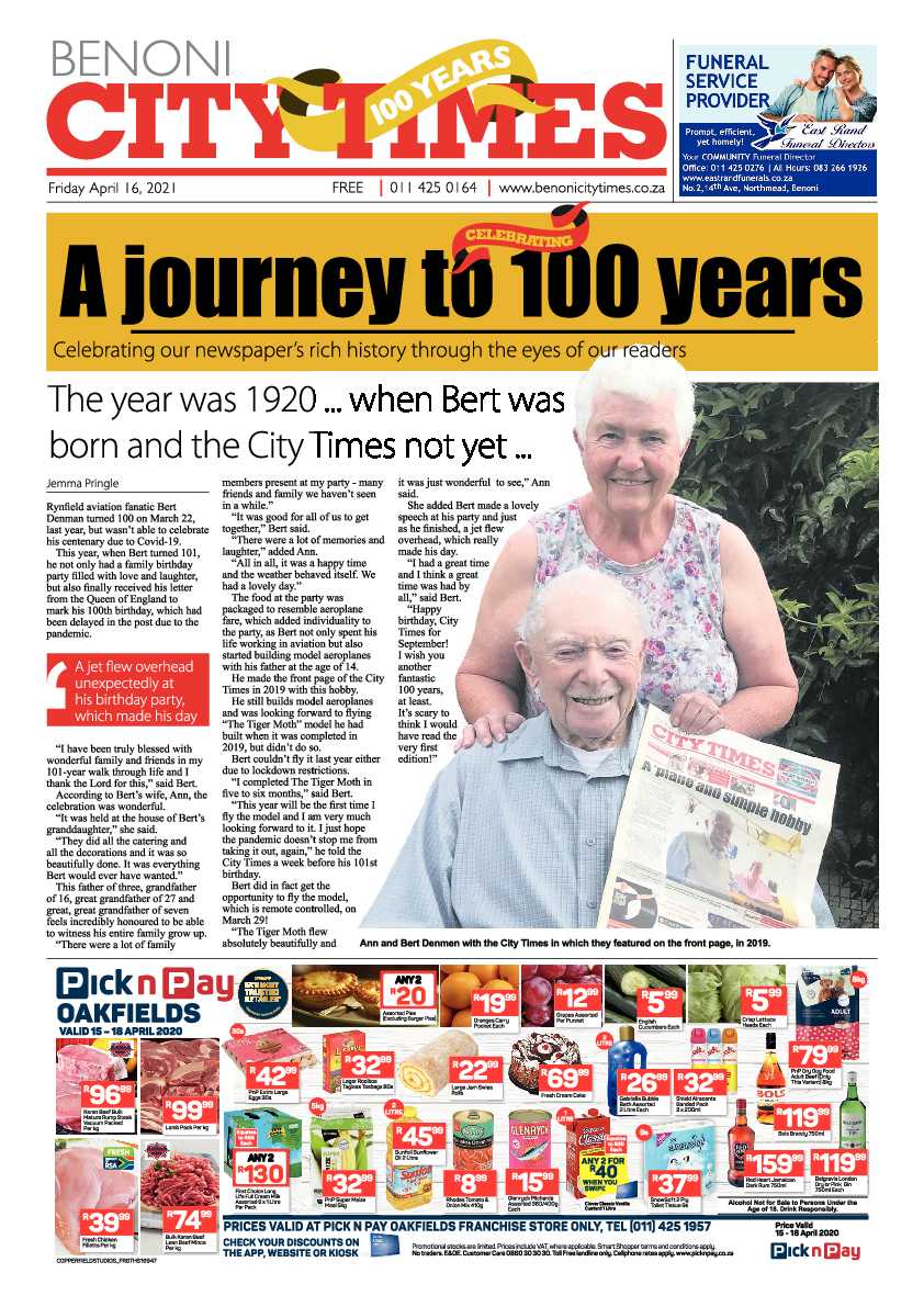 Benoni City Times 16 April 2021 page 1