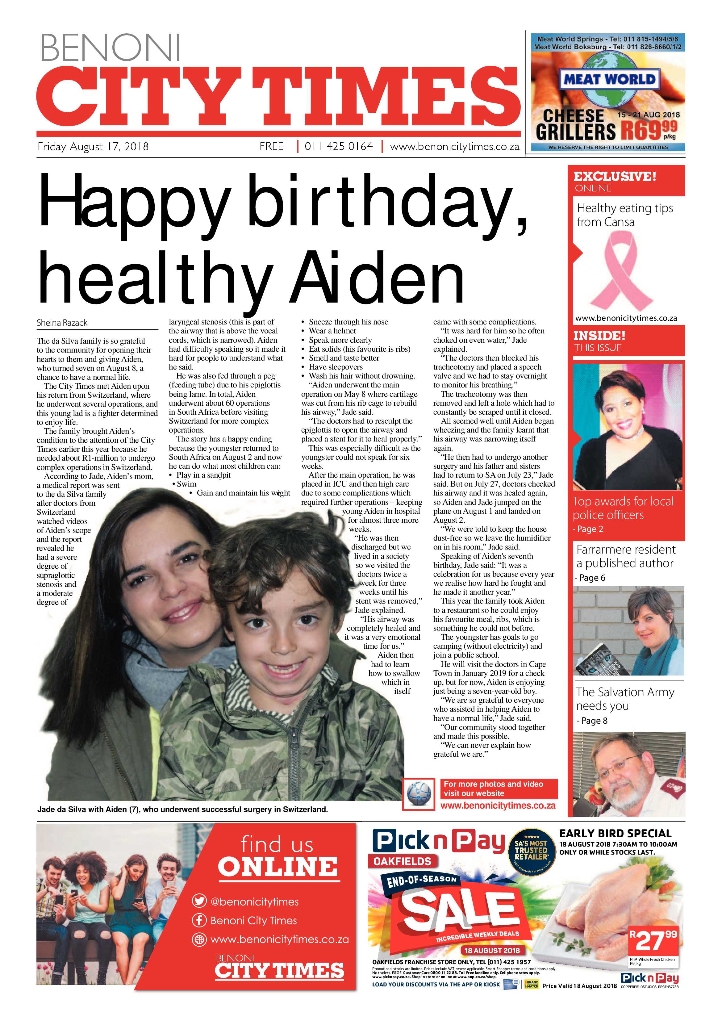Benoni City Times 16 August 2018 page 1