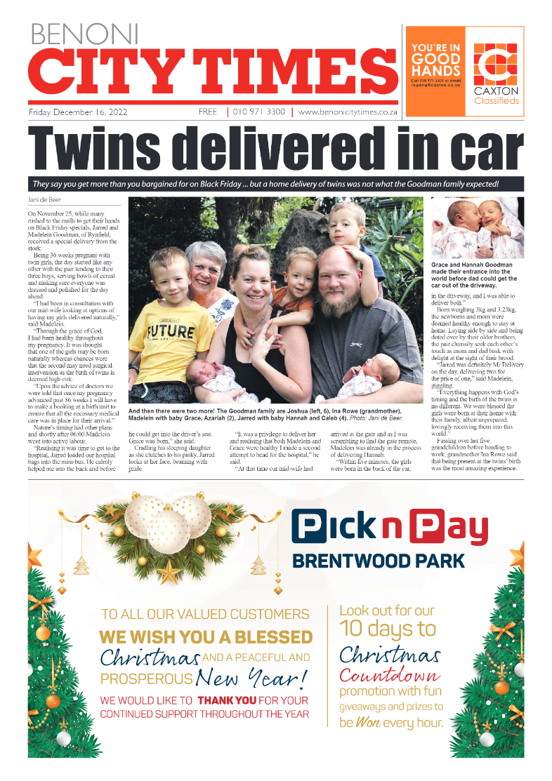 Benoni City Times 16 Dec 2022 page 1