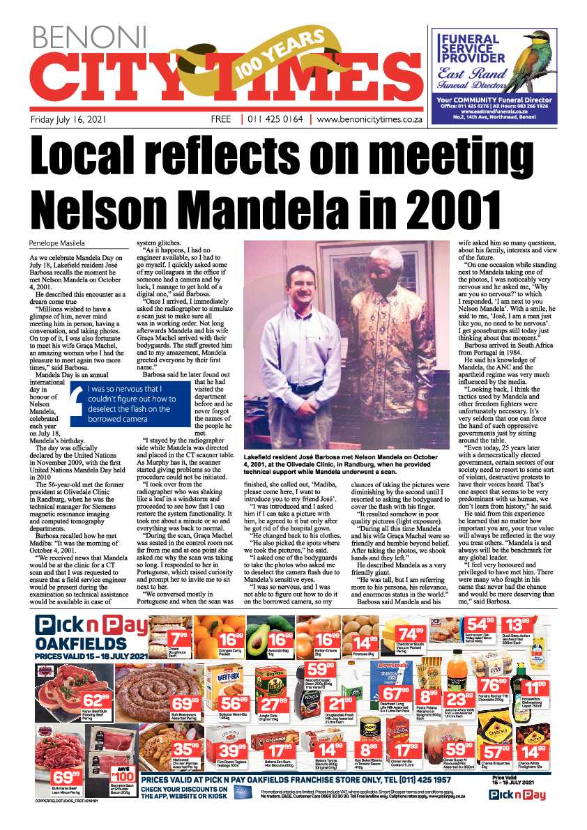 Benoni City Times 16 July 2021 page 1