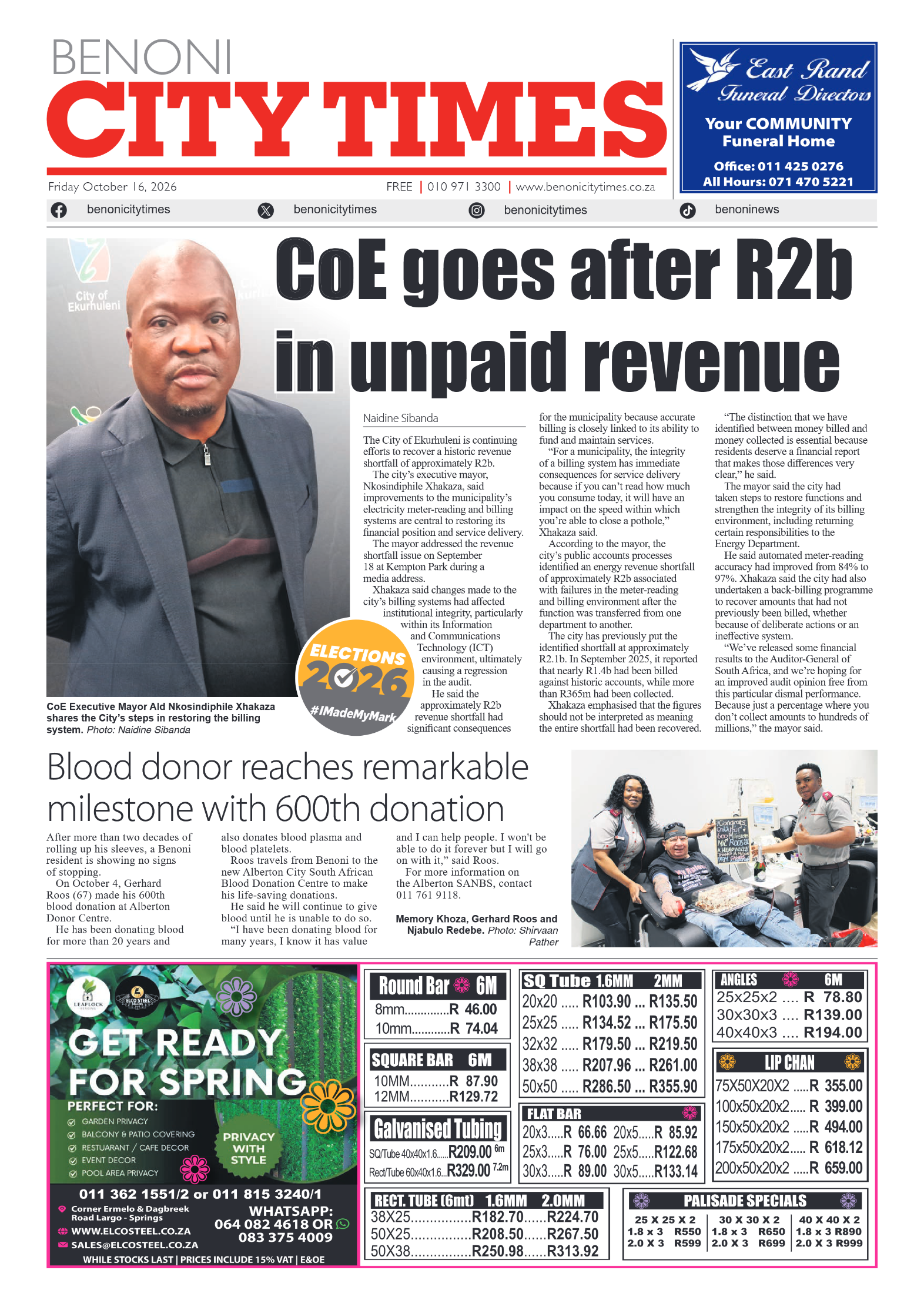 Benoni City Times 16 October 2026 page 1