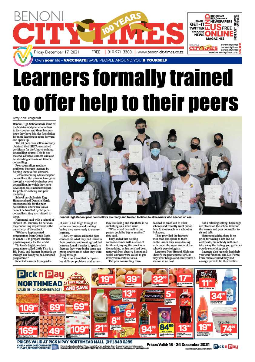 Benoni City Times 17 December 2021 page 1