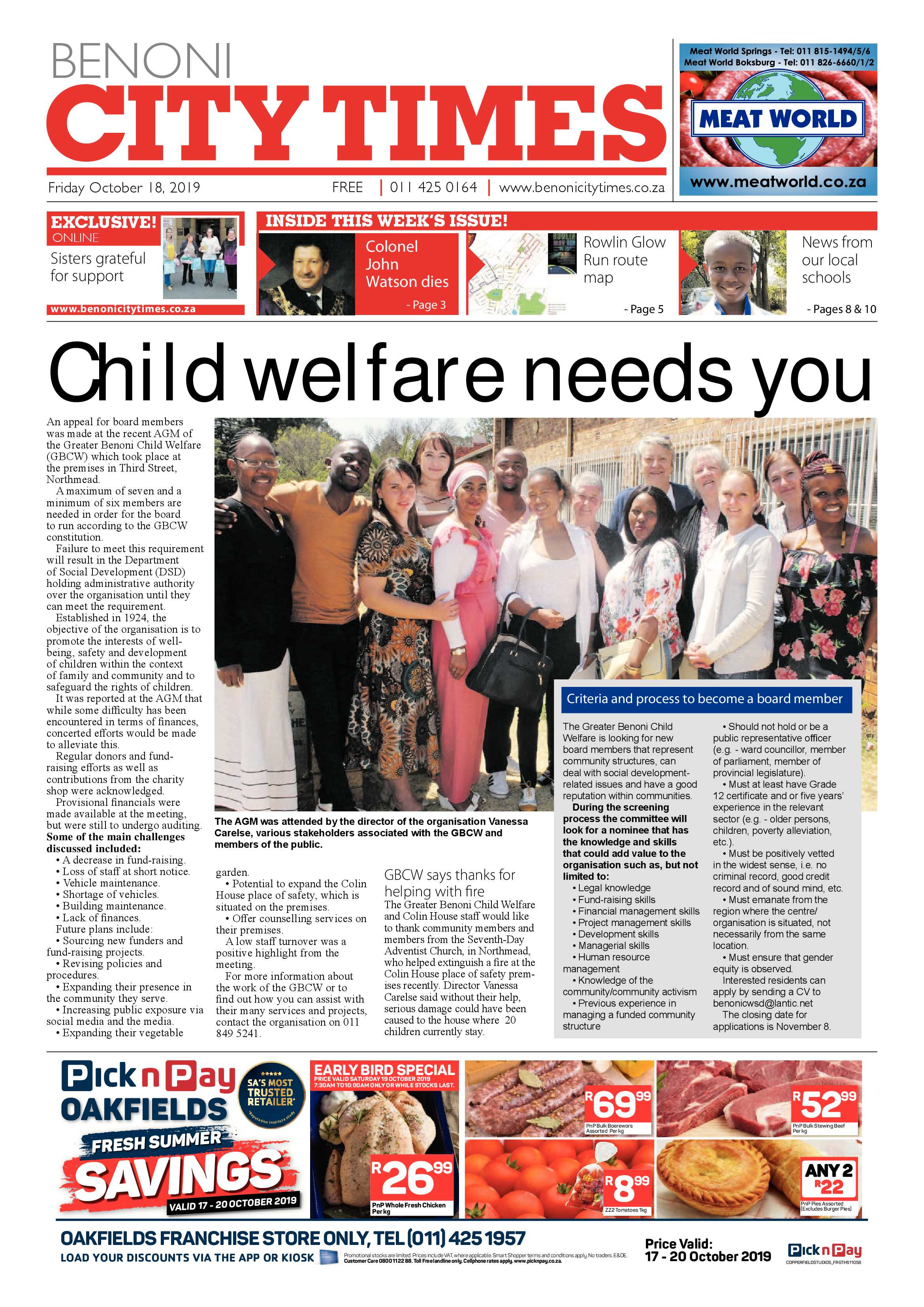 Benoni City Times 17 October 2019 page 1