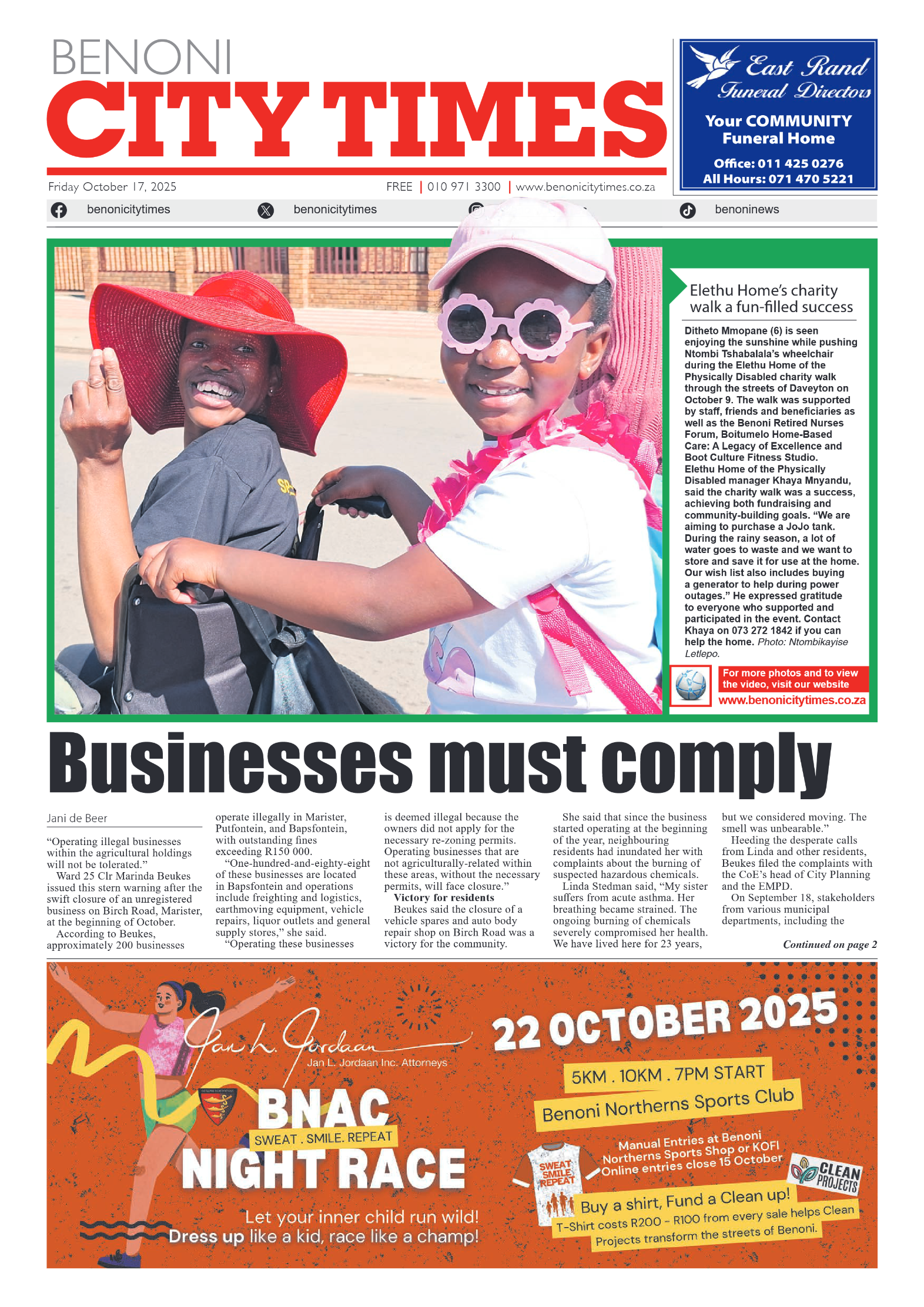Benoni City Times 17 October 2025 page 1