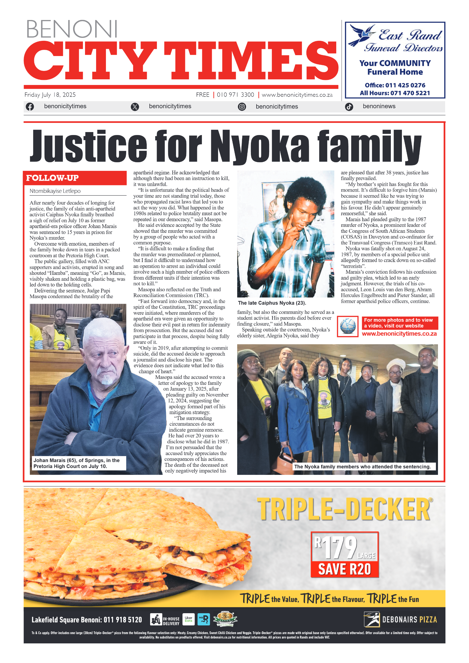 Benoni City Times 18 July 2025 page 1