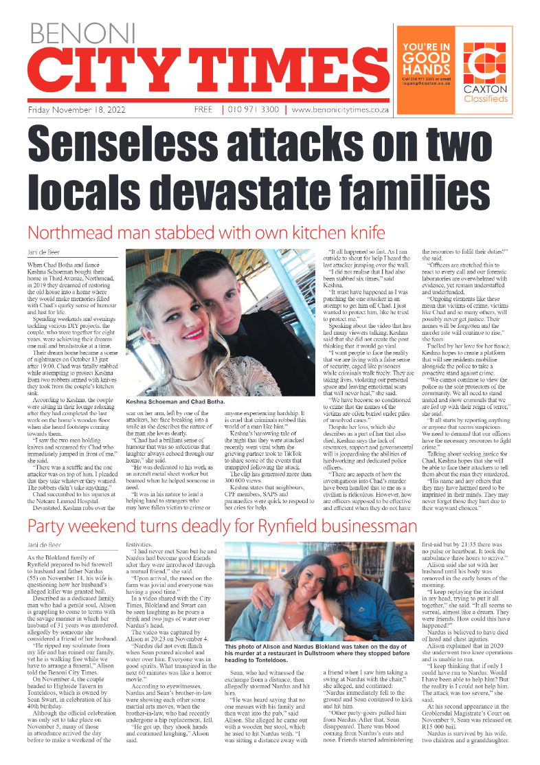 Benoni City Times 18 Nov 2022 page 1