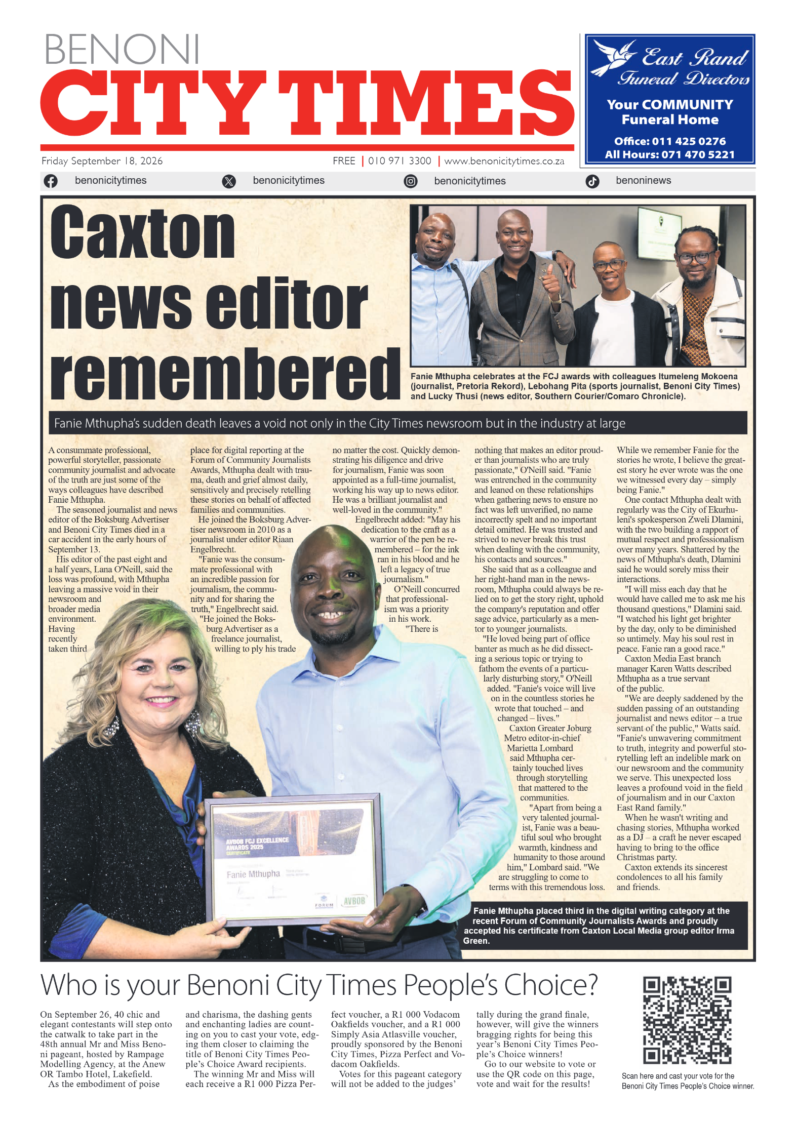 Benoni City Times 18 September 2026 page 1