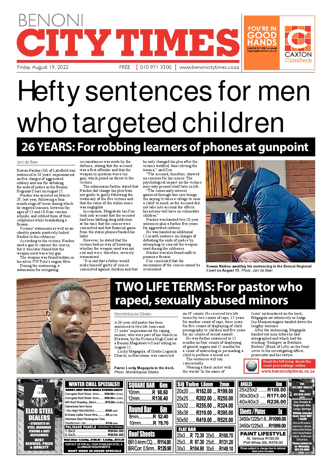Benoni City Times 19 August 2022 page 1