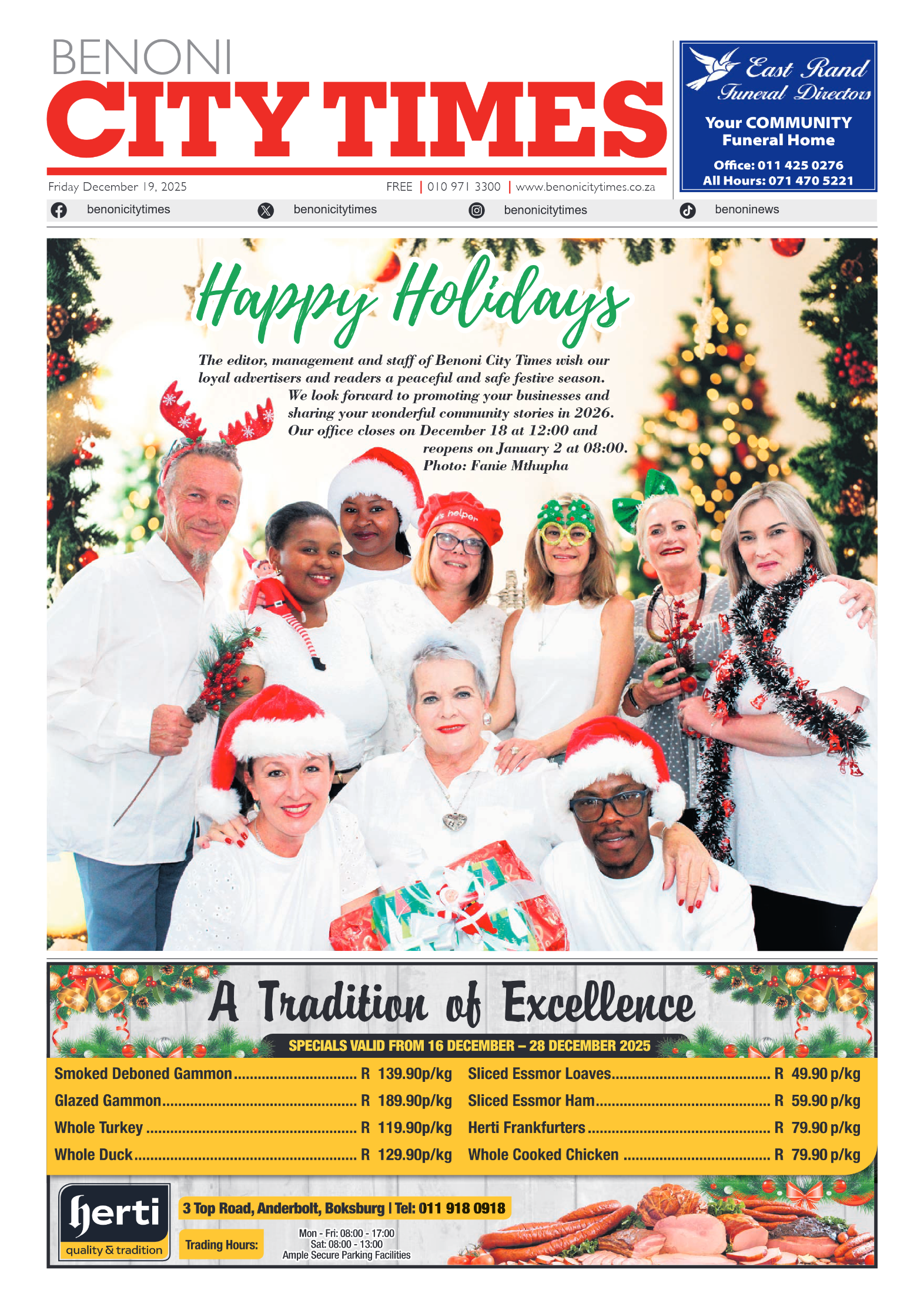 Benoni City Times 19 December 2025 page 1