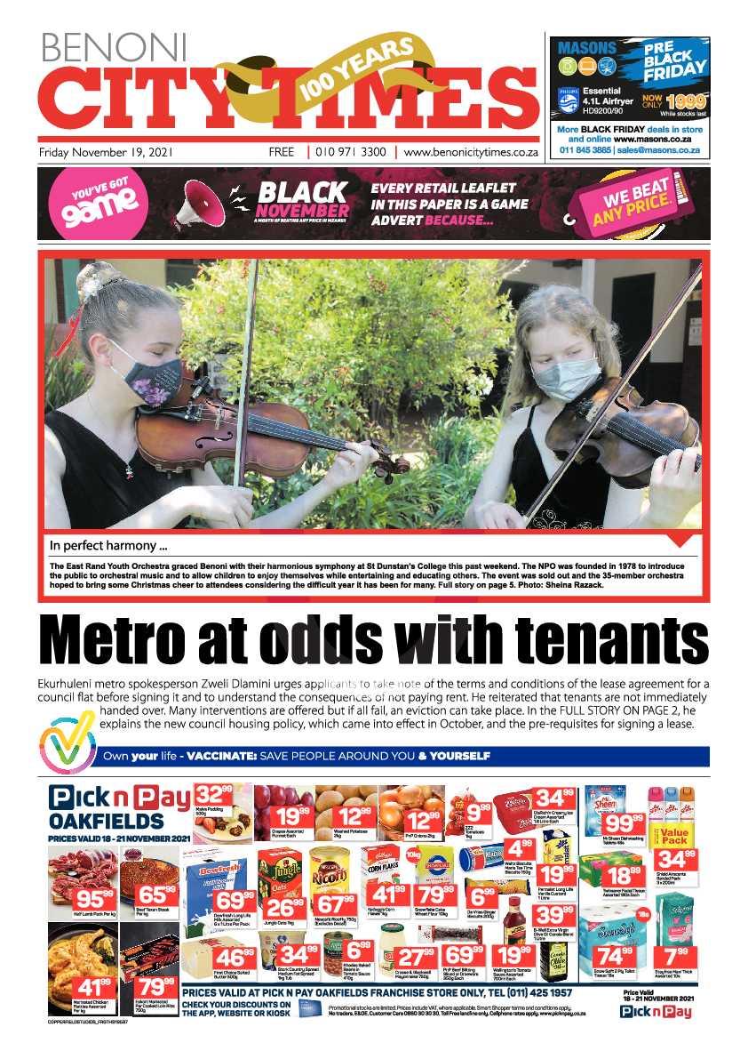 Benoni City Times 19 November 2021 page 1
