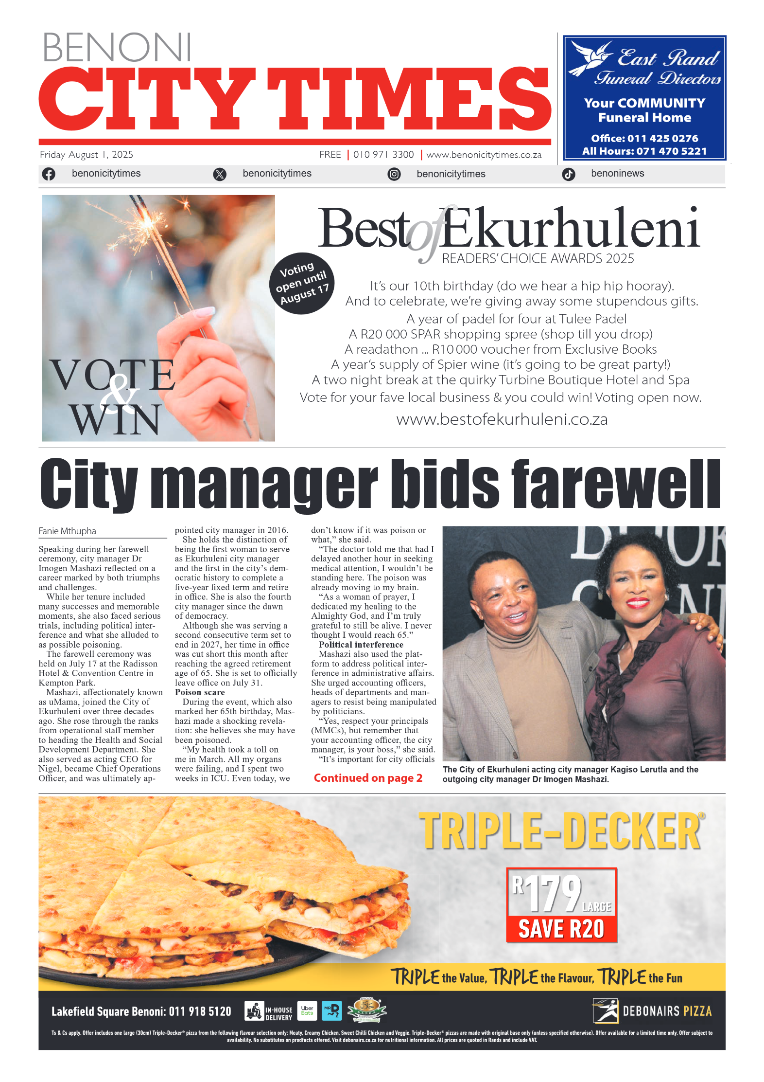 Benoni City Times 1 August 2025 page 1