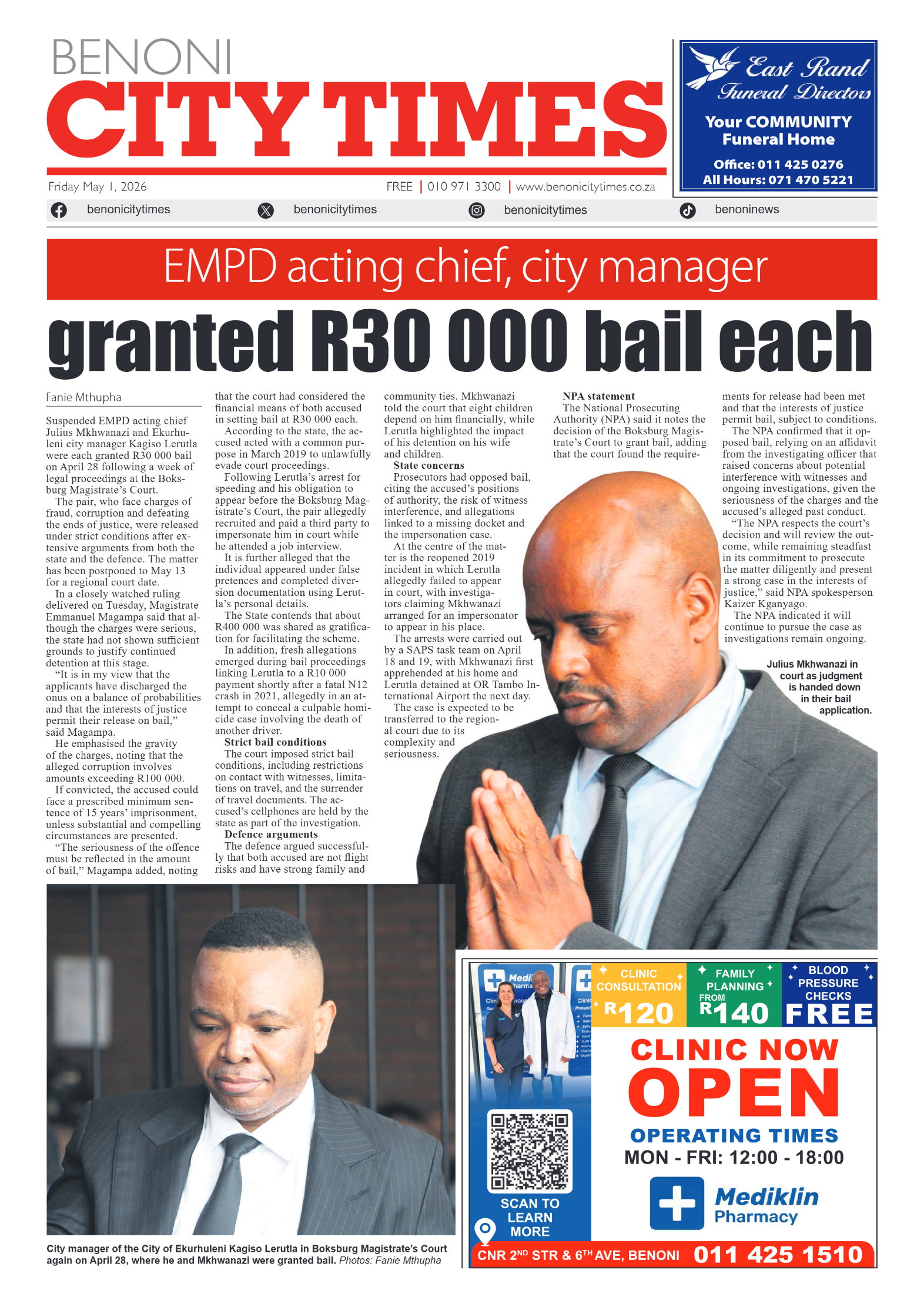Benoni City Times 1 May 2026 page 1