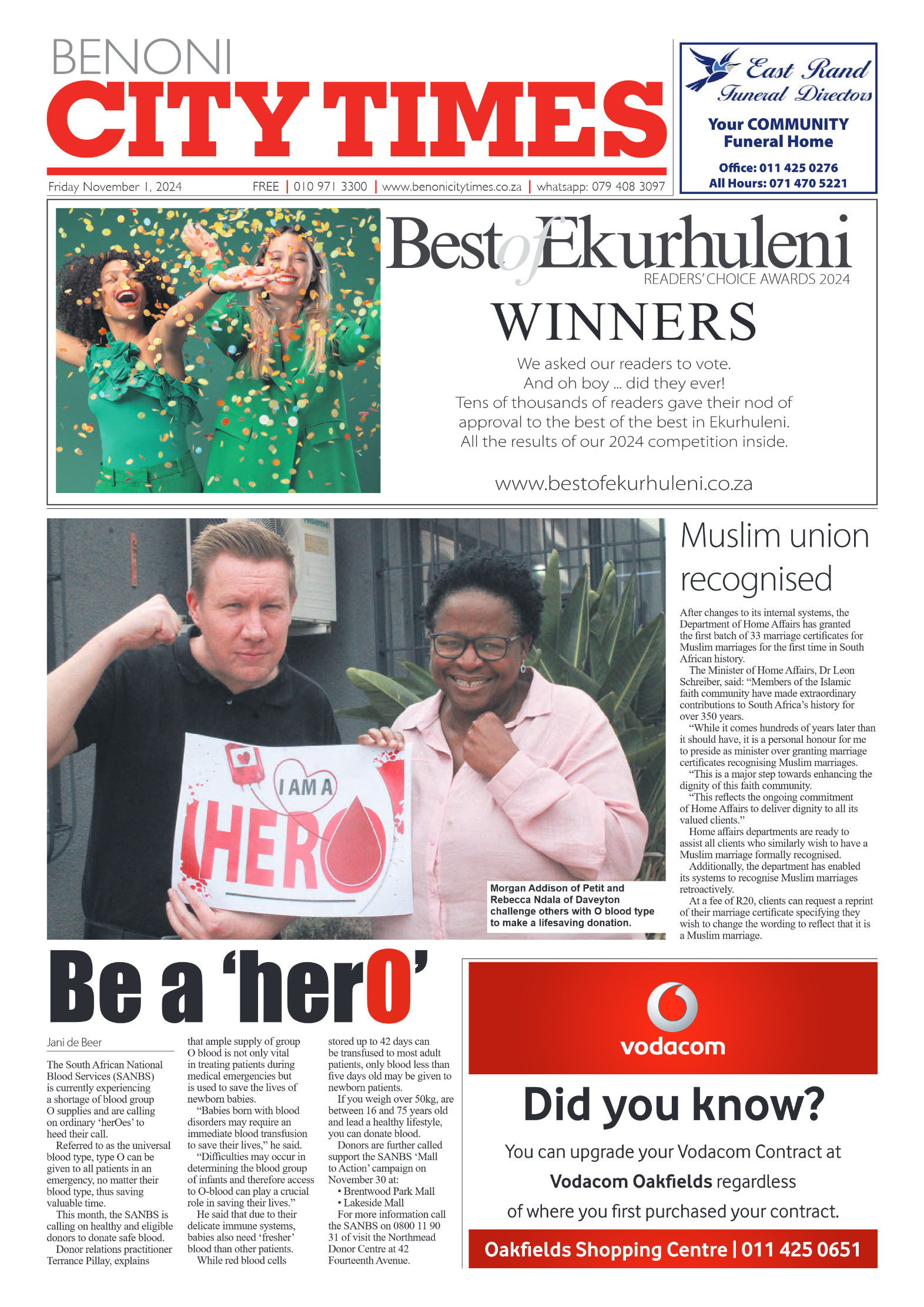 Benoni City Times 1 November 2024 page 1