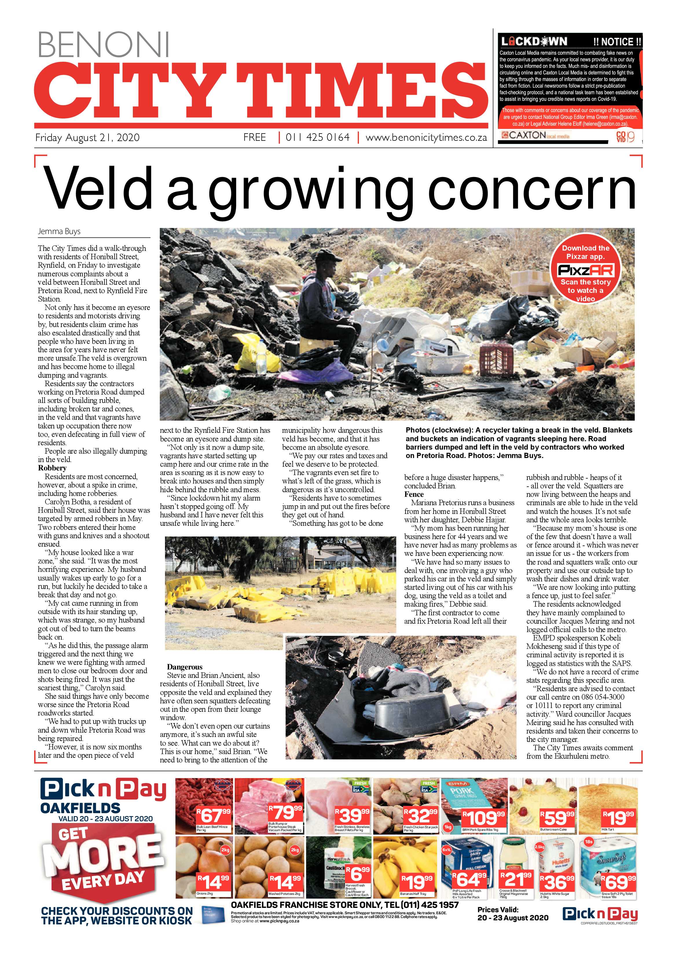 Benoni City Times 20 August 2020 page 1