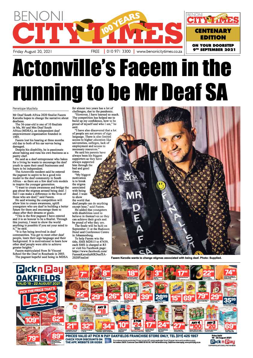 Benoni City Times 20 August 2021 page 1
