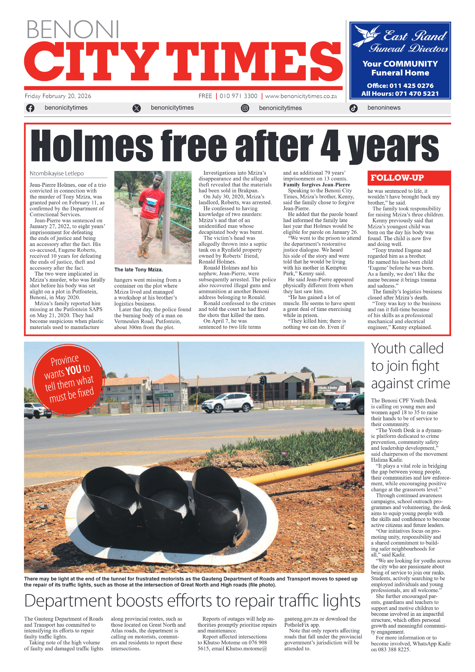 Benoni City Times 20 February 2026 page 1