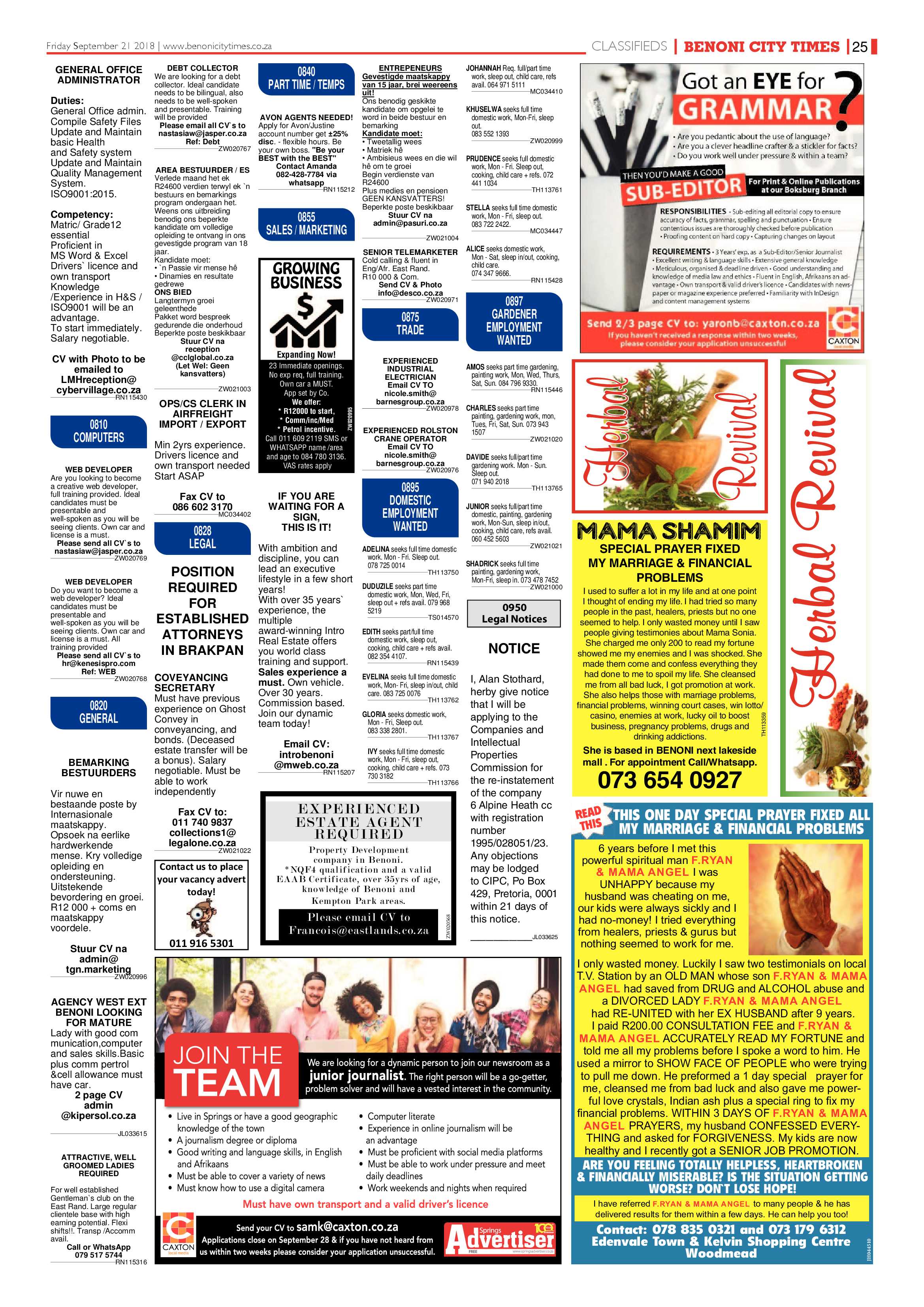 Benoni City Times 20 September 2018 page 25