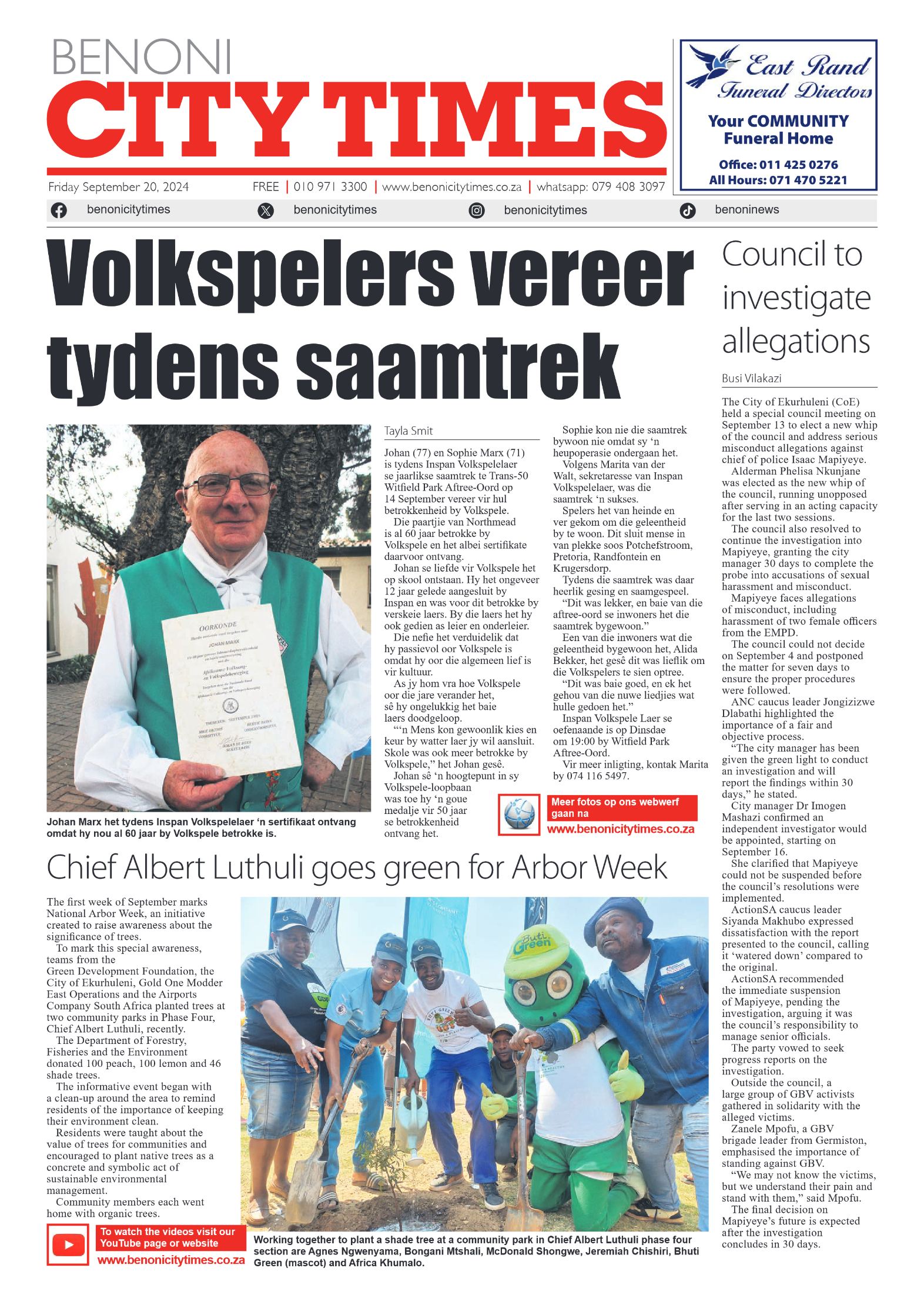 Benoni City Times 20 September 2024 page 1