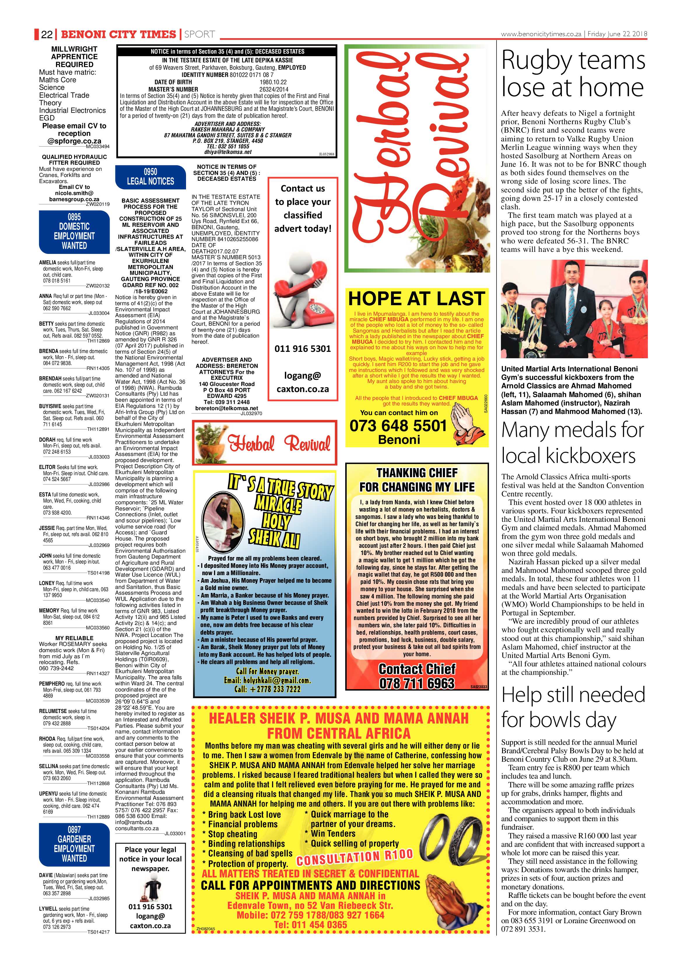 Benoni City Times 21 June 2018 page 22