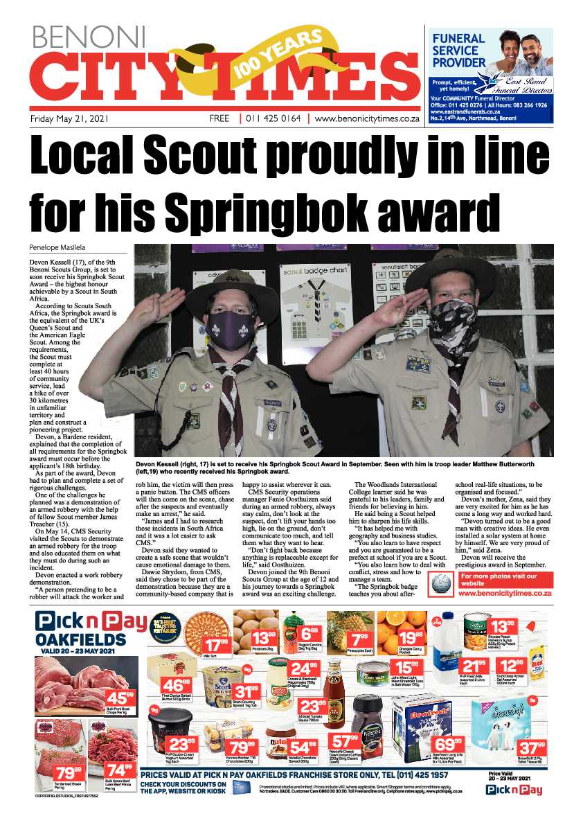 Benoni City Times 21 May 2021 page 1