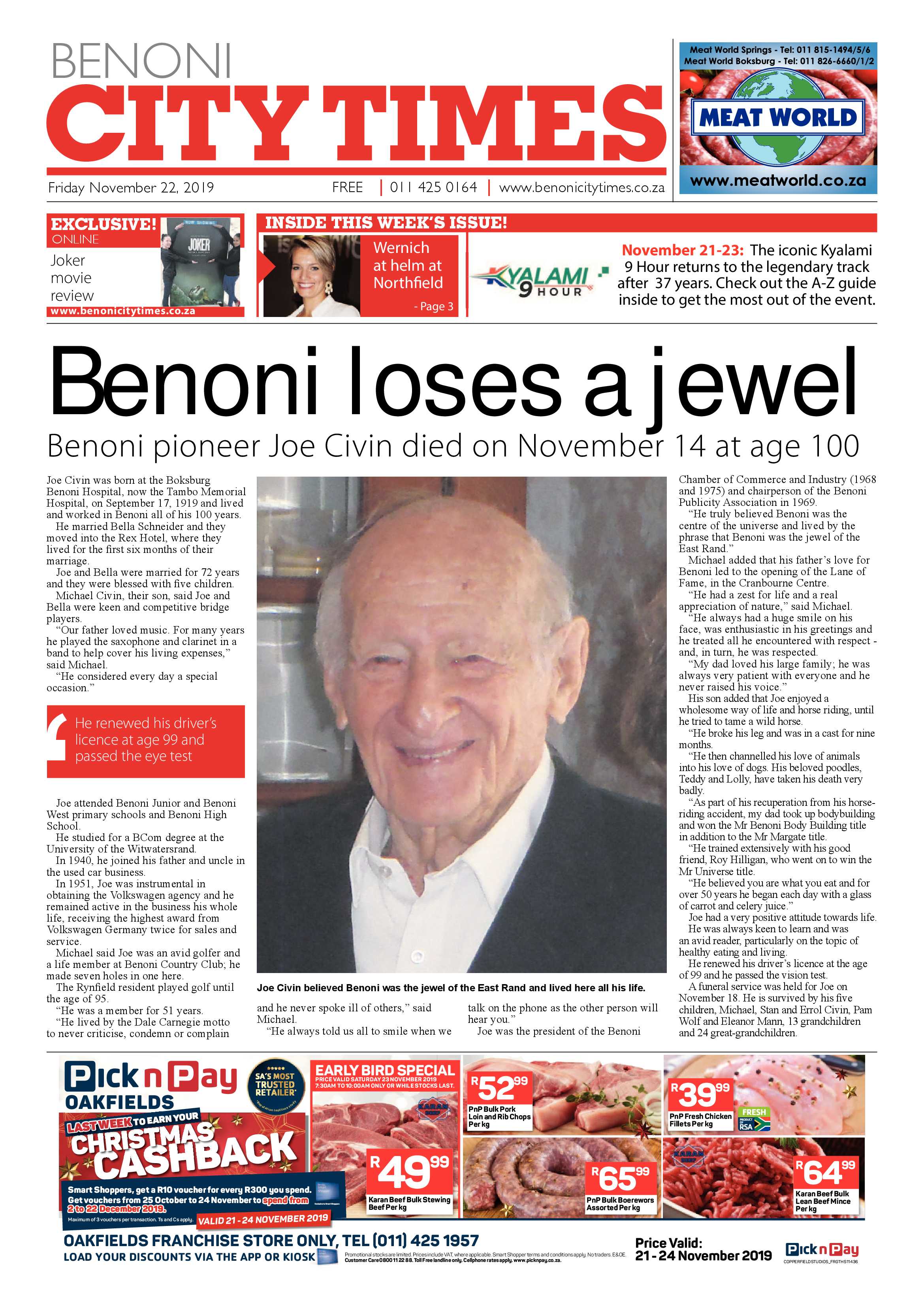 Benoni City Times 21 November 2019 page 1