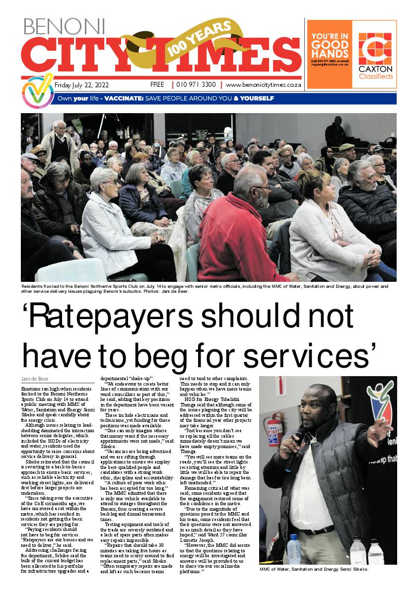 Benoni City Times 22 July 2022 page 1