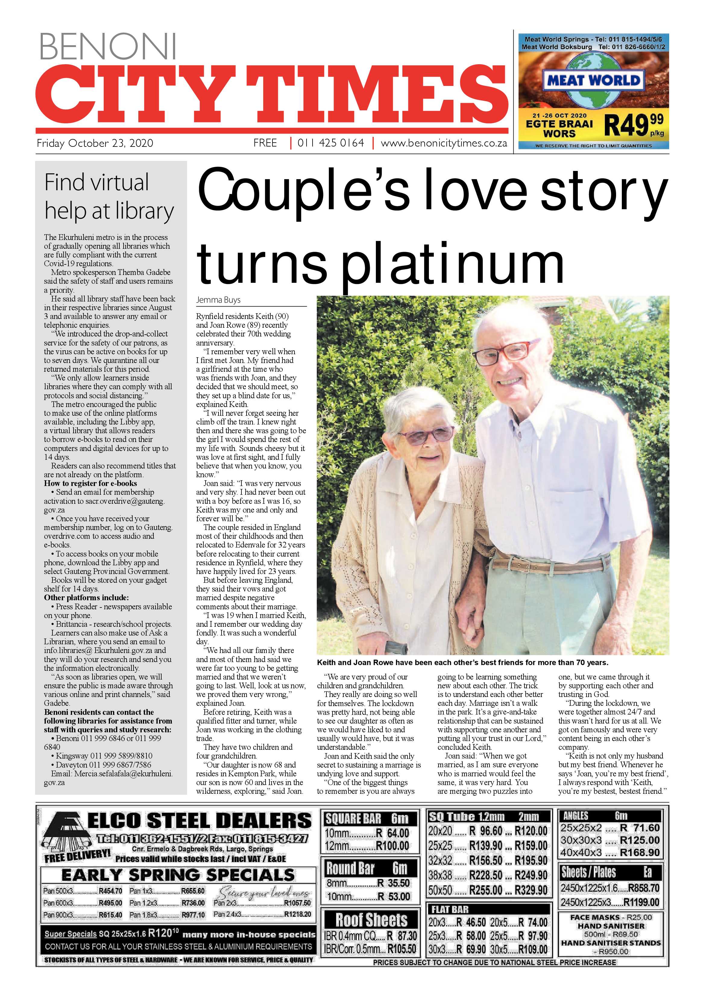 Benoni City Times 22 October 2020 page 1