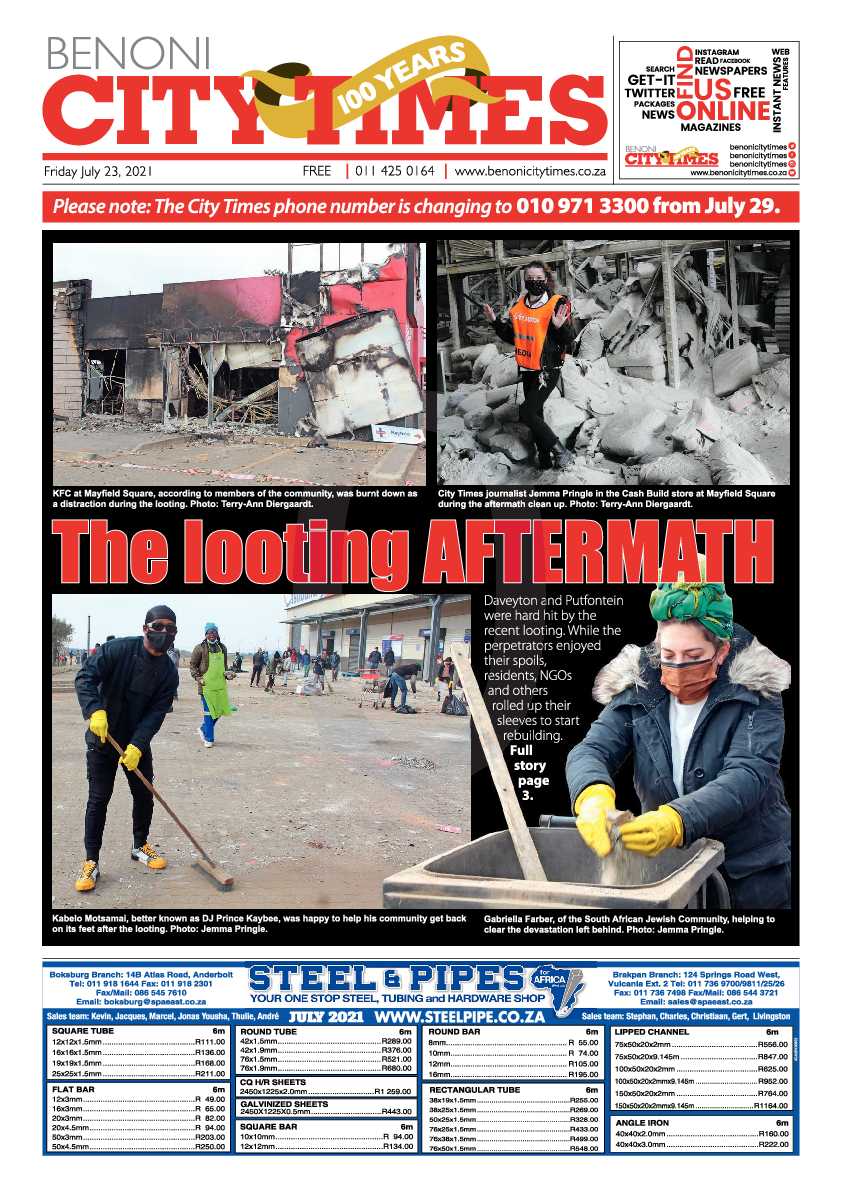 Benoni City Times 23 July 2021 page 1
