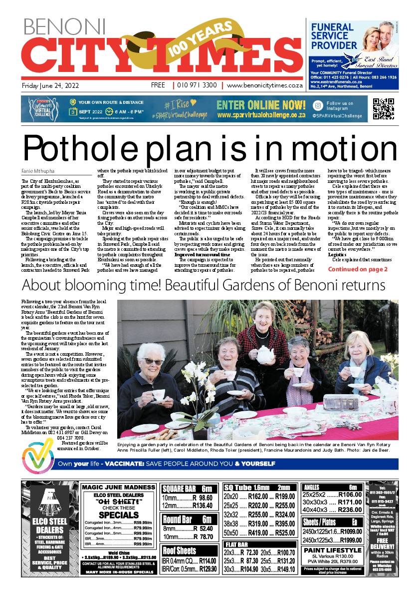 Benoni City Times 24 June 2022 page 1